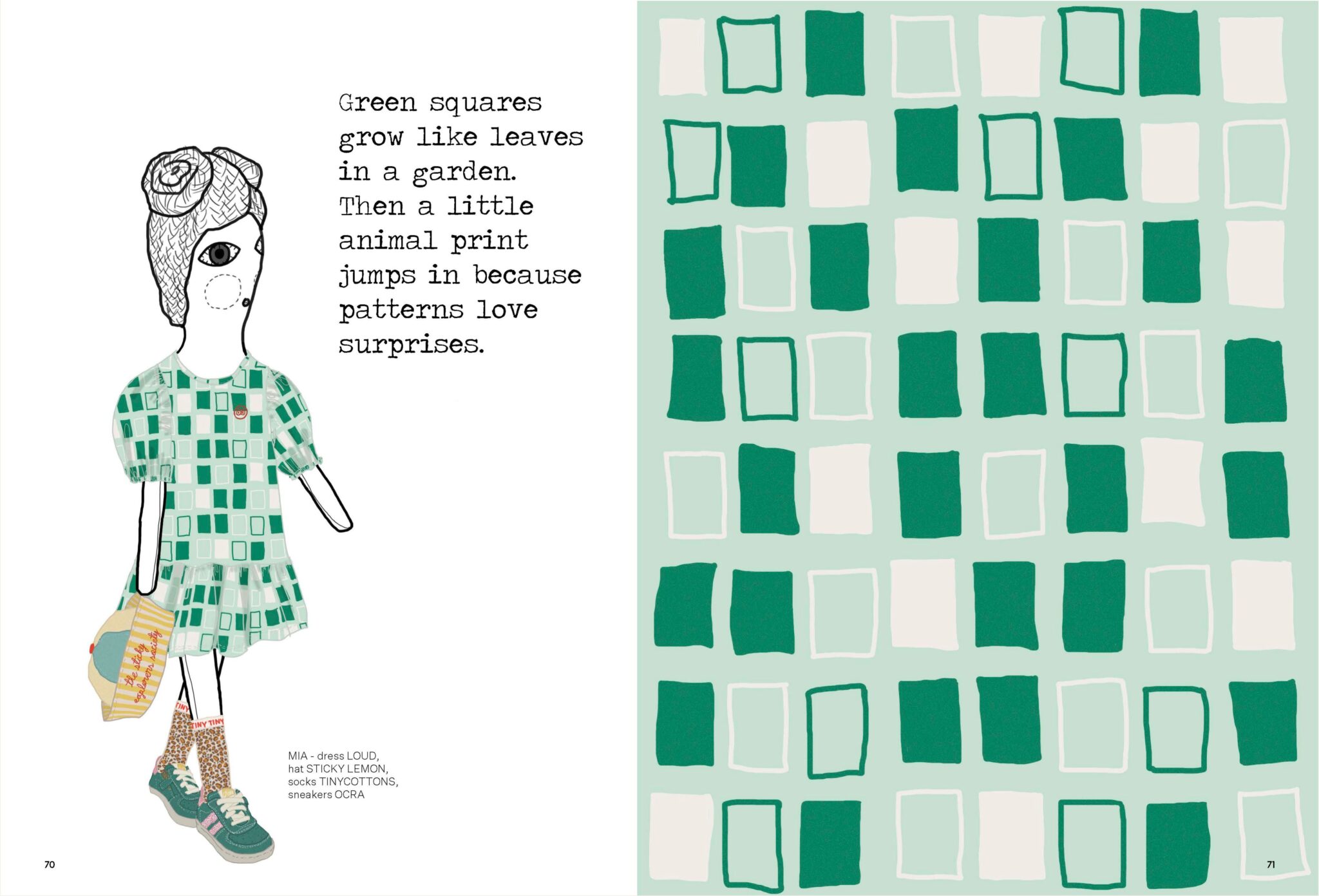 Illustrated fashion editorial spread for Summer in Patterns by Alejandra Salvatore, featuring a doll-like child wearing a LOUD green square-print dress, Sticky Lemon hat, TINYCOTTONS socks, and OCRA sneakers beside a green square pattern, Scimparello Magazine.