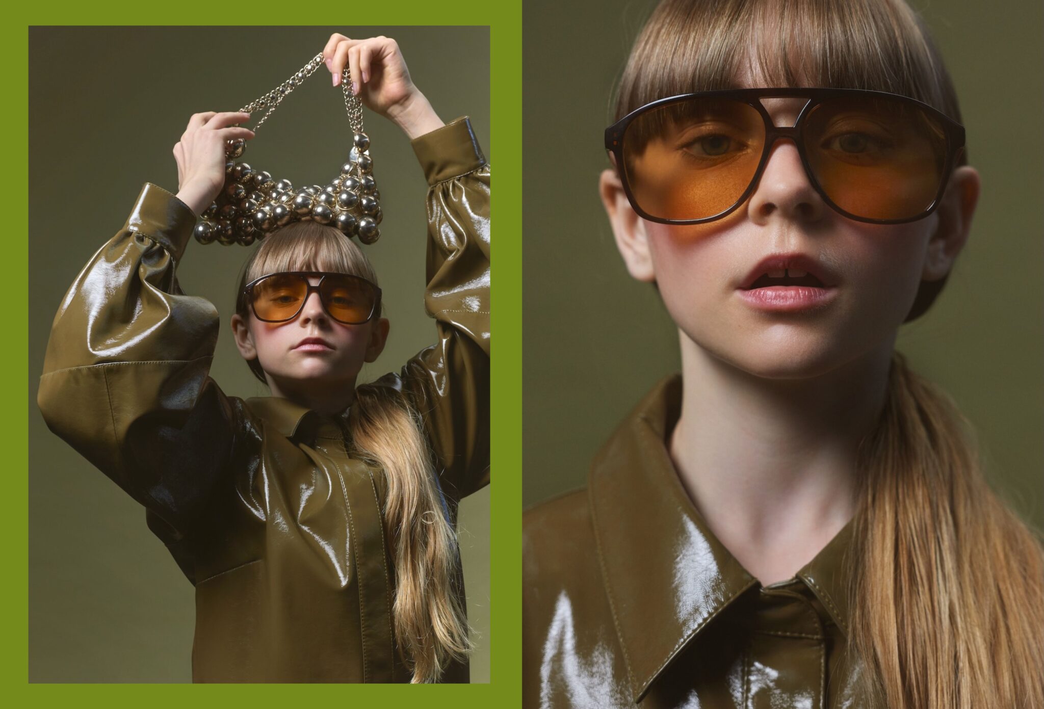 Child wearing an olive patent coat, amber oversized sunglasses, and long ponytail, holding a metallic beaded bag above her head in Tiny but Iconic by Lina Arvidsson, Scimparello Magazine.