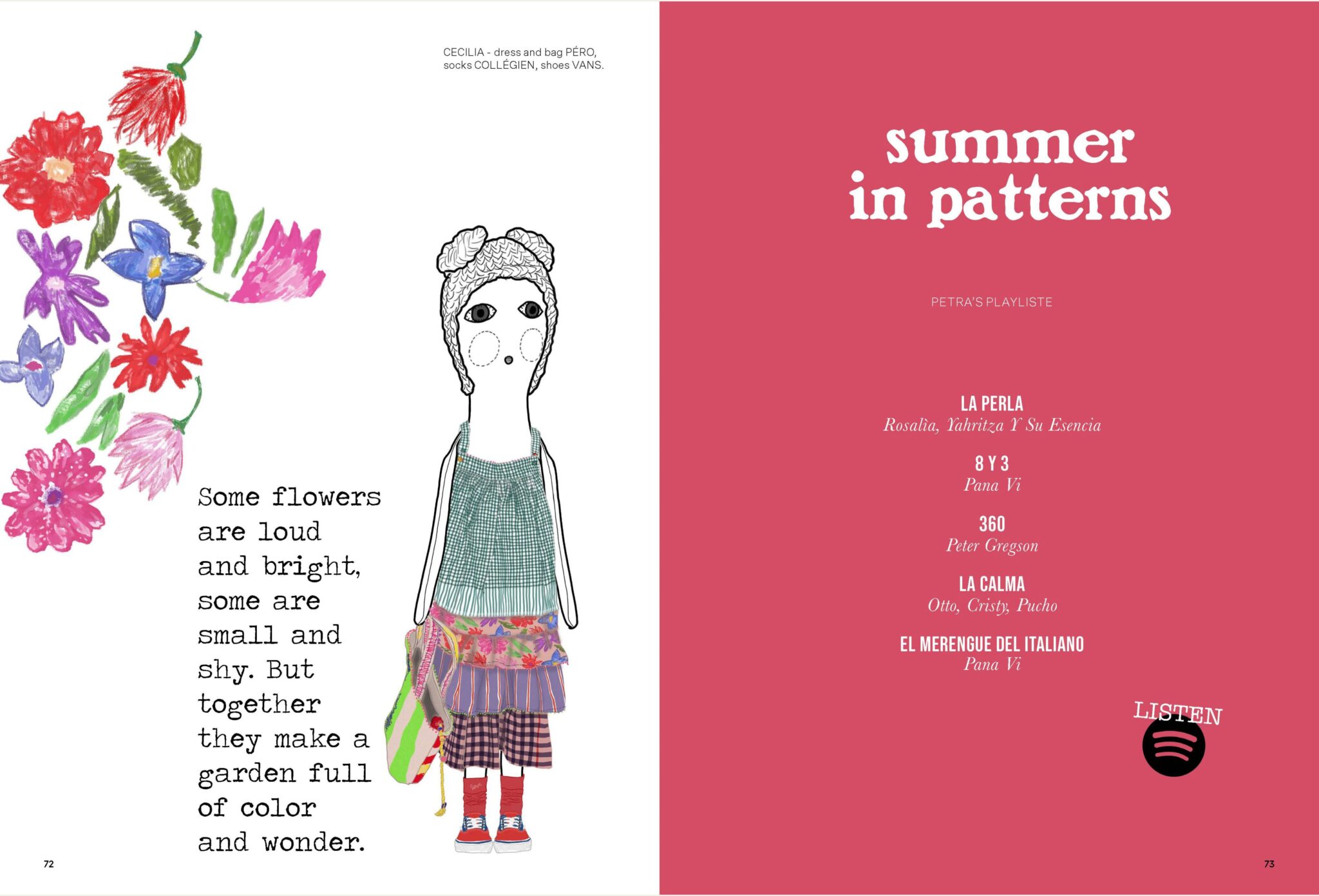 Illustrated fashion editorial spread for Summer in Patterns by Alejandra Salvatore, featuring a doll-like child wearing a Péro dress and bag, Collegien socks, and Vans shoes beside colorful hand-drawn flowers and Petra’s playlist page, Scimparello Magazine.