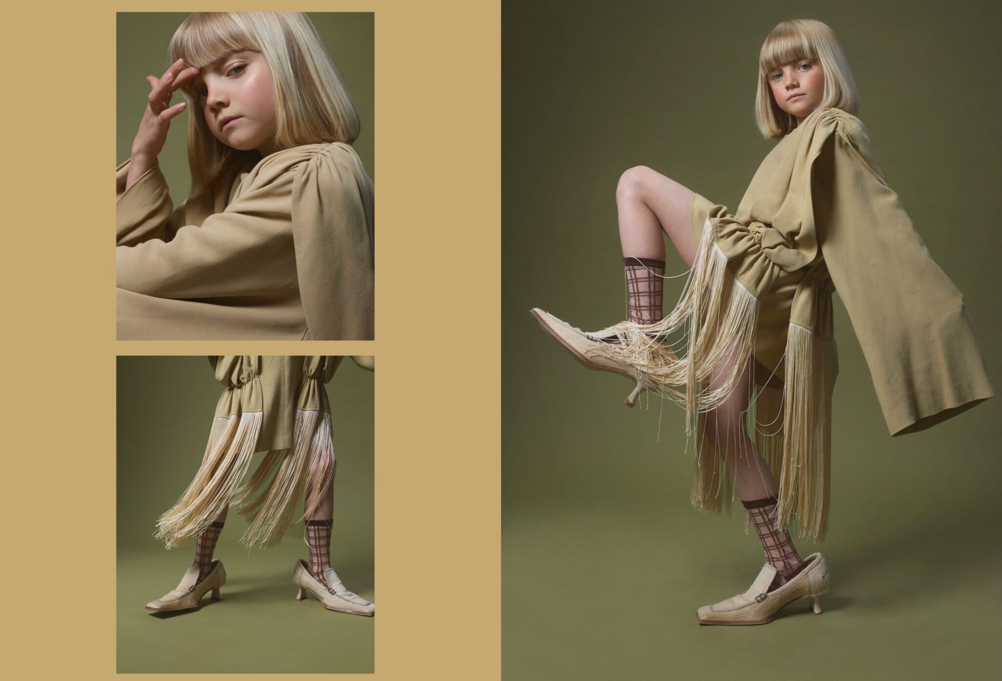 Child wearing a beige fringed fashion look with patterned socks and cream heeled loafers in Tiny but Iconic by Lina Arvidsson, Scimparello Magazine.