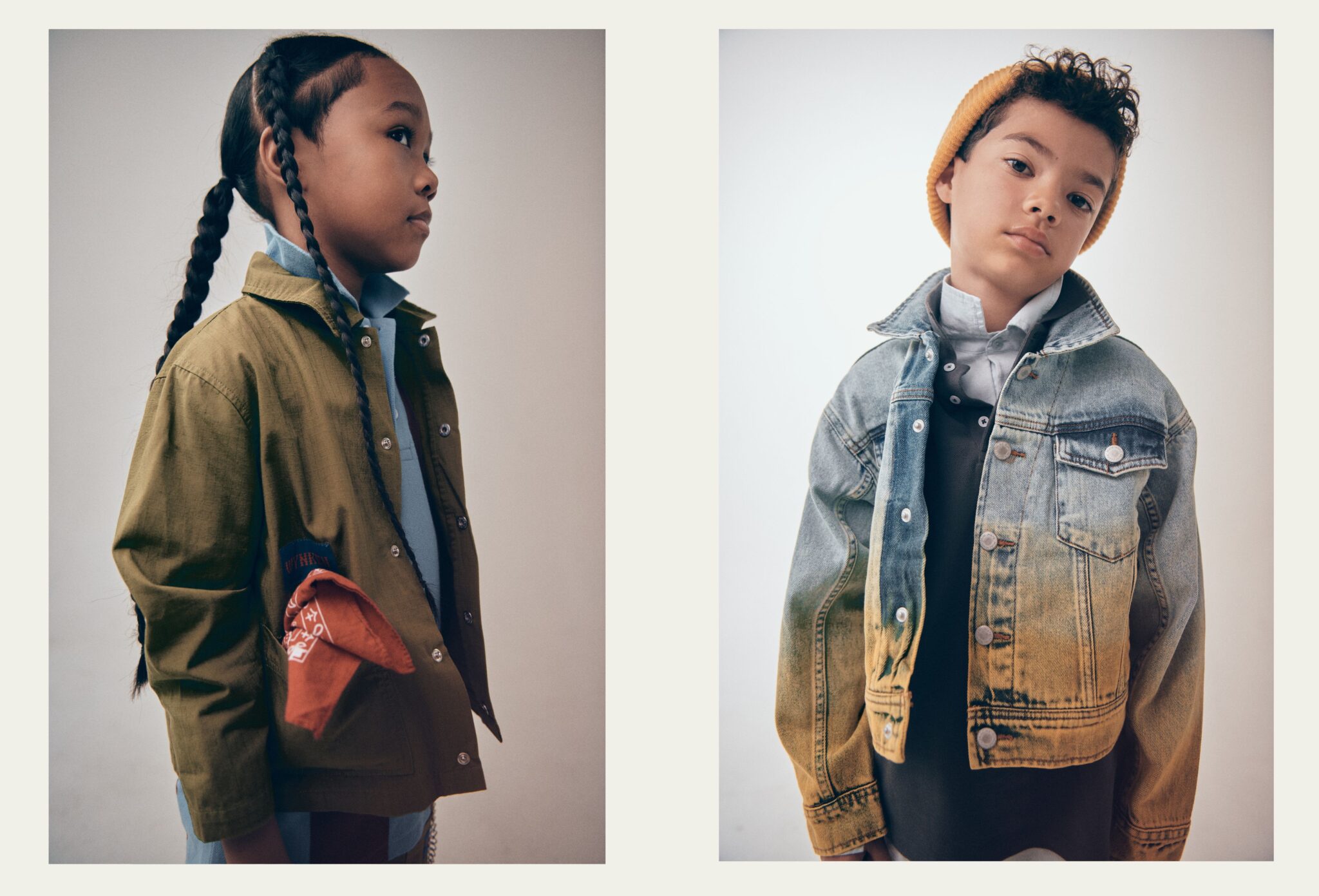 Two portraits from Faces, a kids fashion editorial photographed by Franck Malthierry, featuring a child in an olive jacket with long braids and another child in a denim jacket and yellow beanie, Scimparello Magazine.