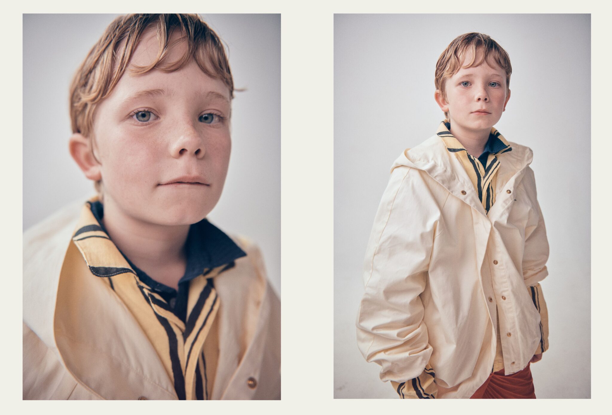 Two portraits from Faces, a kids fashion editorial photographed by Franck Malthierry, featuring a child in a cream jacket layered over a striped shirt with soft natural expressions, Scimparello Magazine.