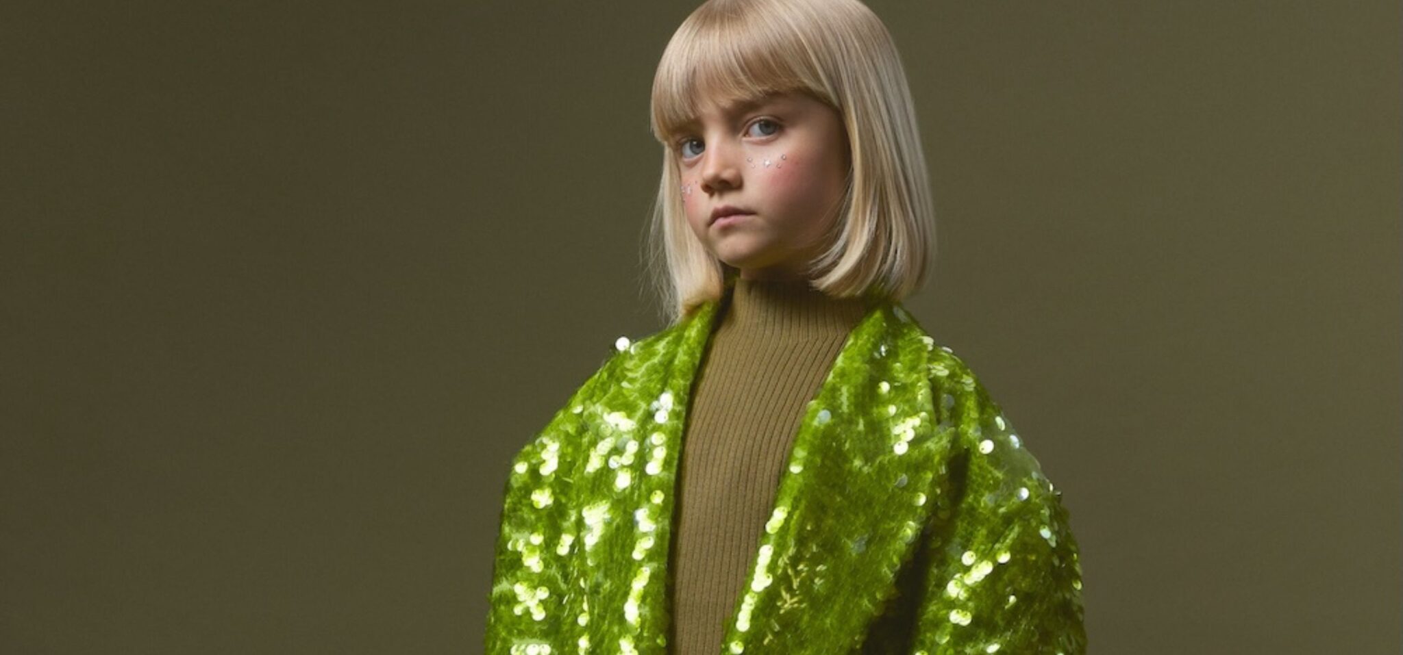 A blond girl wearing a bright lime green sequin coat with matching shorts, teal heels, and a mustard top in Tiny but Iconic by Lina Arvidsson, Scimparello Magazine.