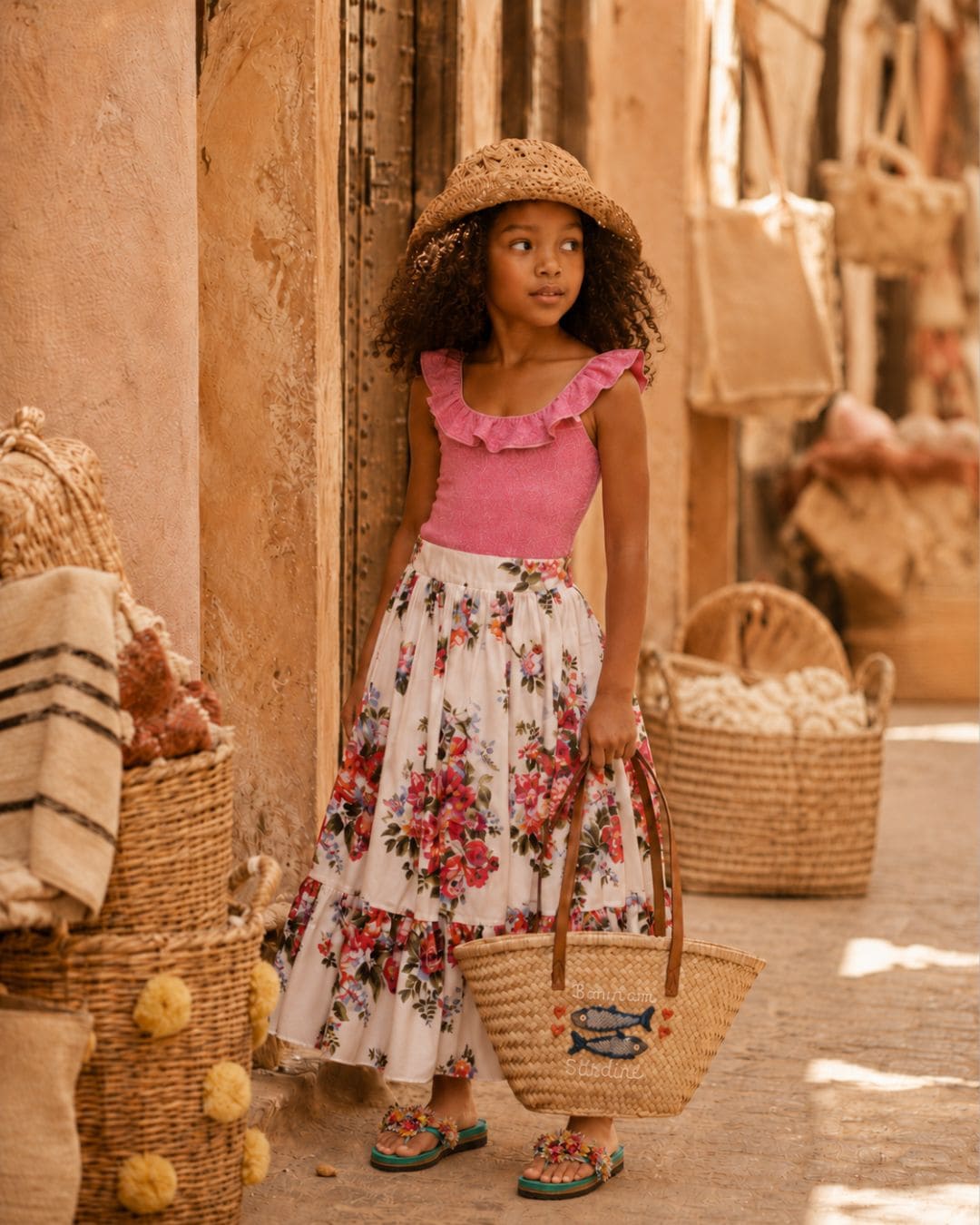 Girl wearing a pink bathing suit with a long floral skirt, straw hat, floral sandals and woven basket bag in a warm Marrakech market setting for a Styling Tip on floral skirts, Scimparello Magazine.