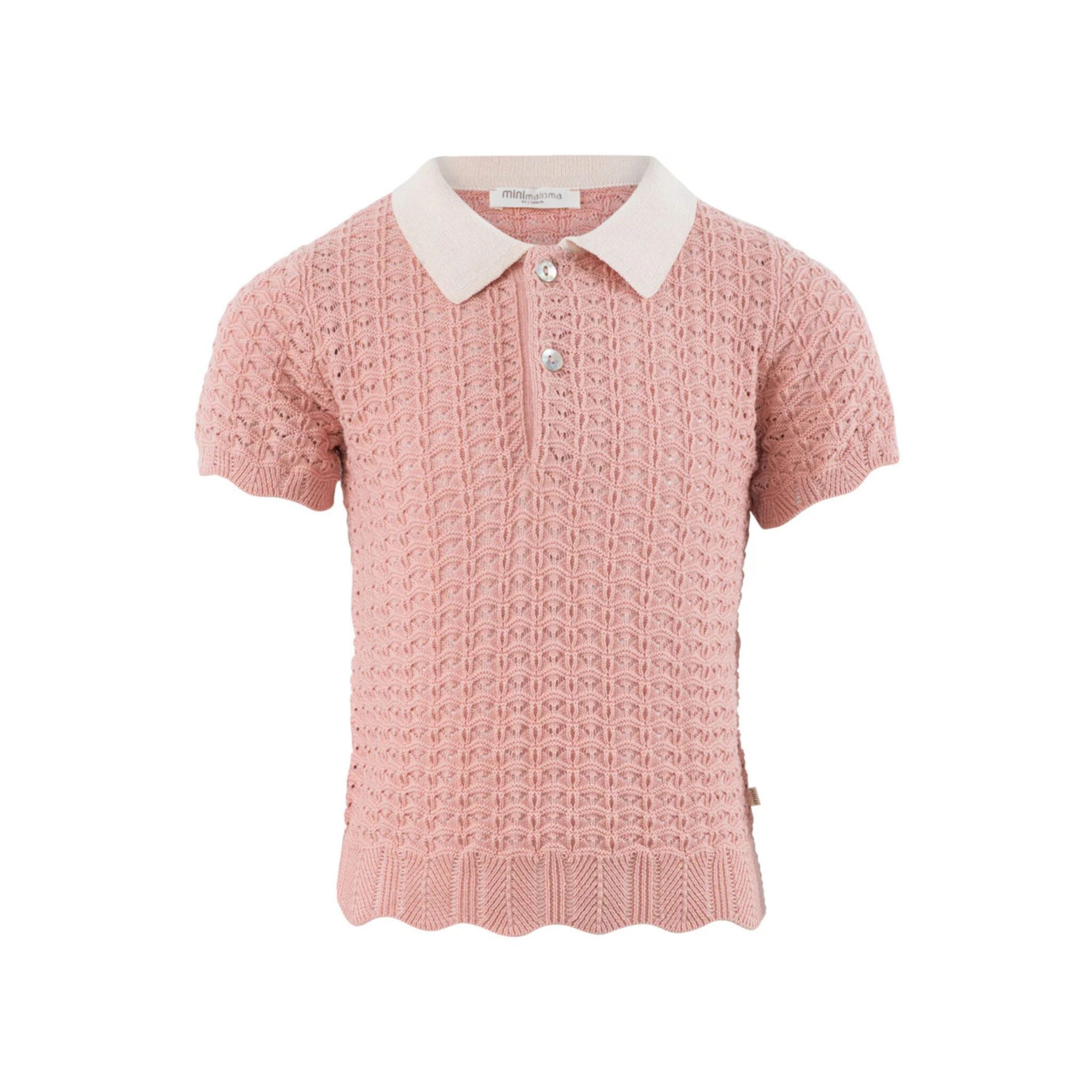 Classic polo-style knit in soft organic cotton, featuring an elegant all-over purl pattern and delicate scallop edging at the sleeve and lower hem.