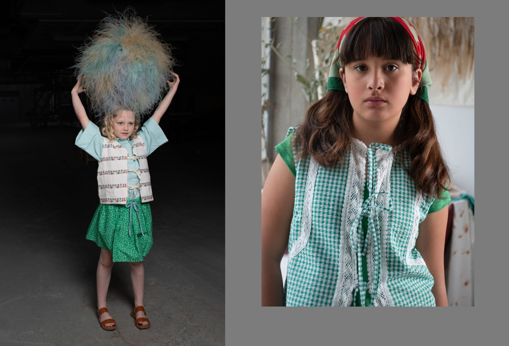 Two children in green summer looks for the Friends Forever kids fashion editorial photographed by Danique Daemen, one holding a fluffy blue prop and the other wearing a gingham top with a red headscarf, Scimparello Magazine.
