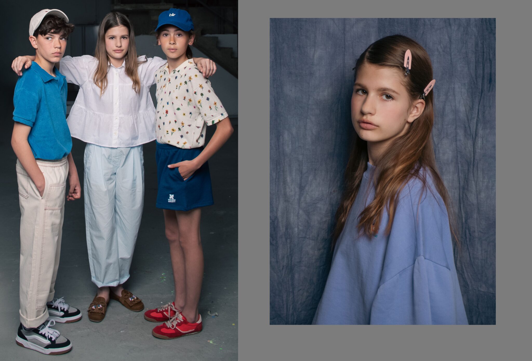 Three children posing together in blue and white summer looks, alongside a portrait of a girl in a lavender sweatshirt with pink hair clips, in the Friends Forever kids fashion editorial photographed by Danique Daemen, Scimparello Magazine.