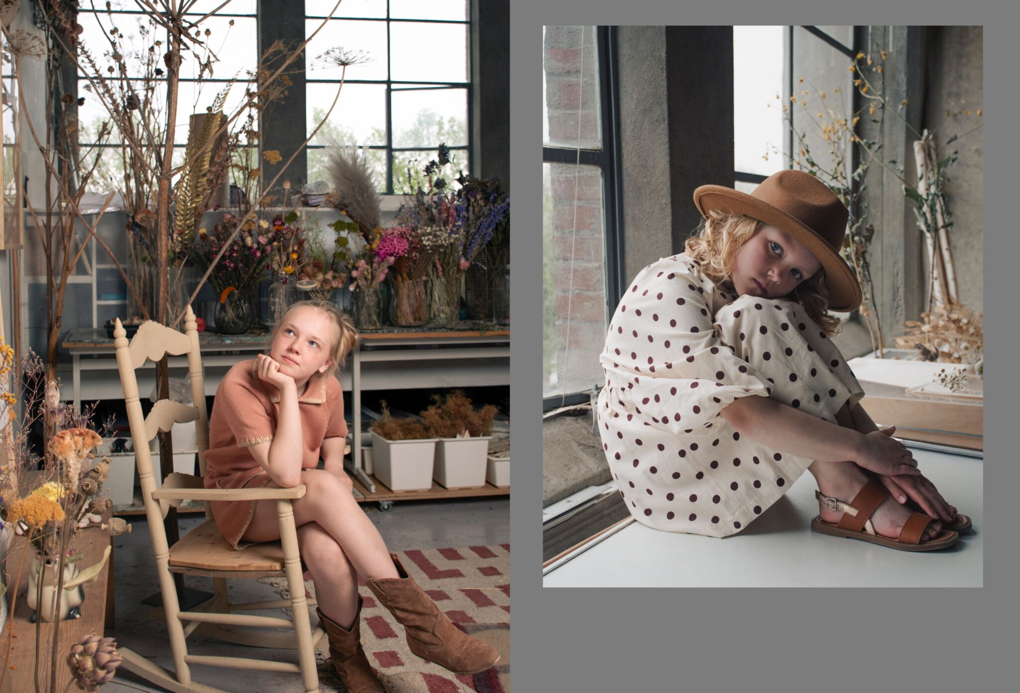 Two children in soft earthy summer looks inside a floral studio, one sitting on a chair in a peach outfit and boots, the other by the window in a polka dot dress and brown hat, in the Friends Forever kids fashion editorial photographed by Danique Daemen, Scimparello Magazine.