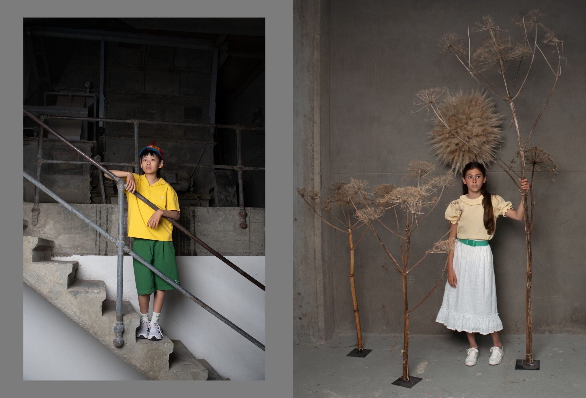 Boy in a yellow polo and green shorts standing on industrial stairs, alongside a girl in a pale yellow top and white skirt posing with dried floral branches, in the Friends Forever kids fashion editorial photographed by Danique Daemen, Scimparello Magazine.
