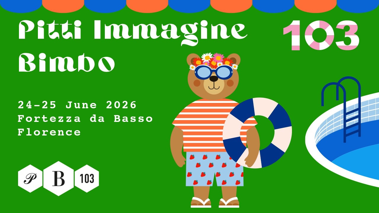 Colorful promotional artwork for Pitti Immagine Bimbo 103, taking place on 24–25 June 2026 at Fortezza da Basso in Florence. The illustration features Splashy, the event’s teddy bear mascot, wearing blue sunglasses, a flower crown, an orange-and-white striped T-shirt, light blue strawberry-print shorts, and sandals while holding a blue-and-white lifebuoy. The bright green background is topped with a striped orange-and-blue awning, while a swimming pool graphic reinforces the season’s “Splash” and “The Pitti Pool” theme. The artwork celebrates the playful, summer-inspired atmosphere of the international childrenswear trade show.