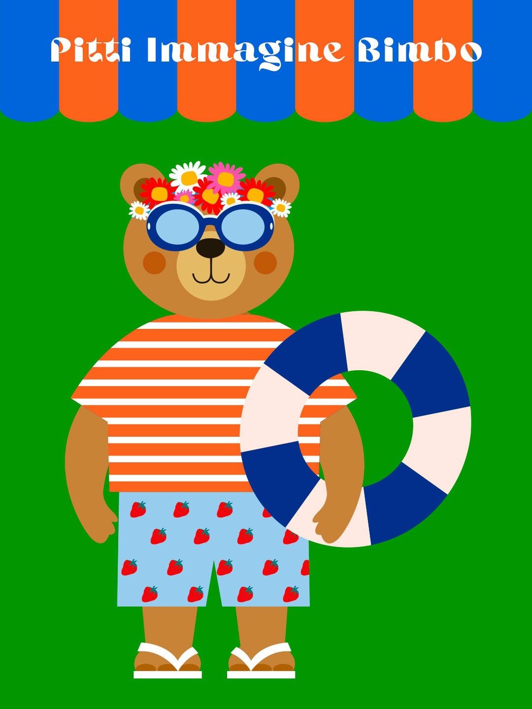 Colorful promotional artwork for Pitti Immagine Bimbo 103, taking place on 24–25 June 2026 at Fortezza da Basso in Florence. The illustration features Splashy, the event’s teddy bear mascot, wearing blue sunglasses, a flower crown, an orange-and-white striped T-shirt, light blue strawberry-print shorts, and sandals while holding a blue-and-white lifebuoy. The bright green background is topped with a striped orange-and-blue awning, while a swimming pool graphic reinforces the season’s “Splash” and “The Pitti Pool” theme. The artwork celebrates the playful, summer-inspired atmosphere of the international childrenswear trade show.