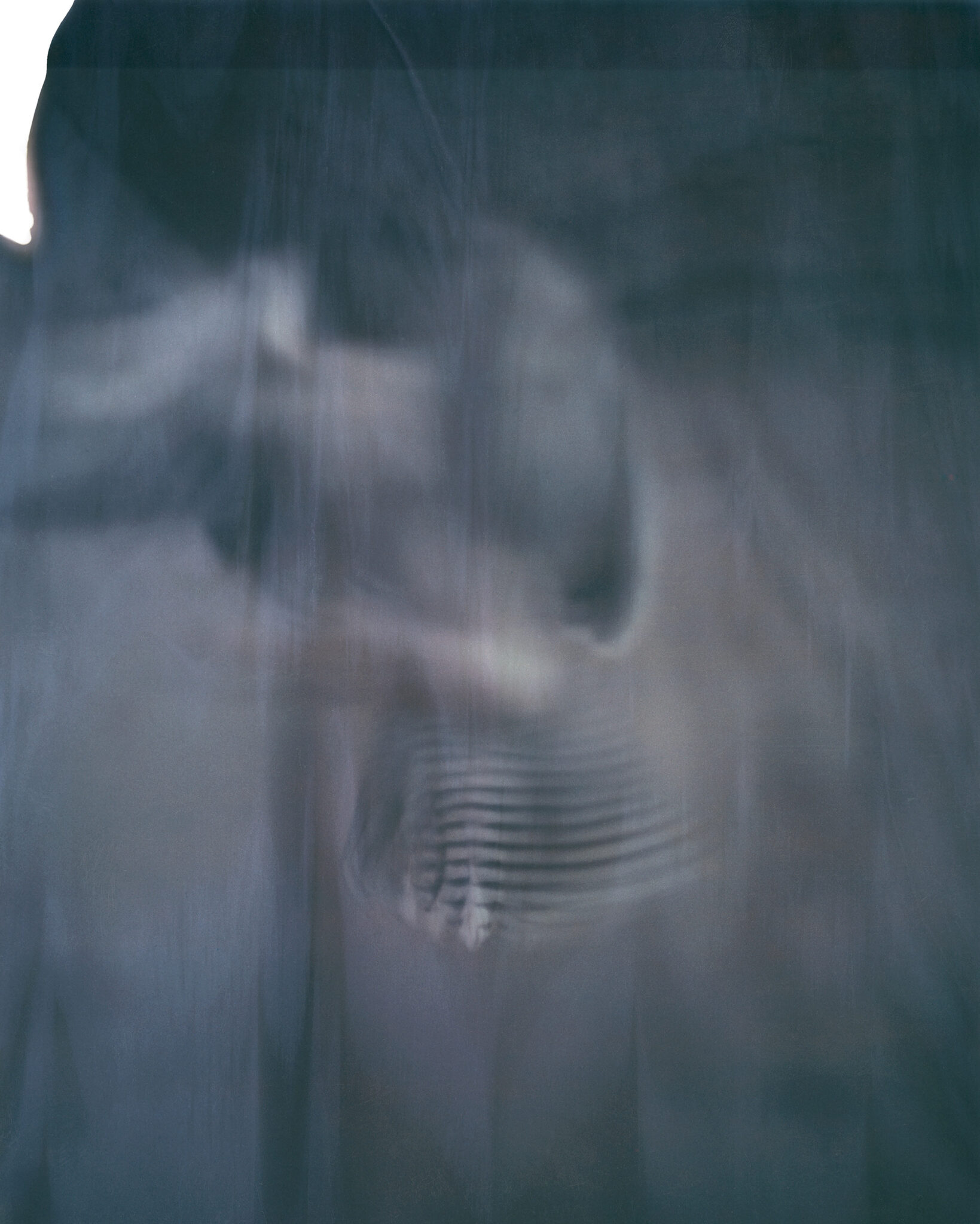 An ethereal photograph by Paolo Roversi depicting a barely visible figure behind translucent fabric, creating a soft, abstract composition in muted blue-grey tones.
