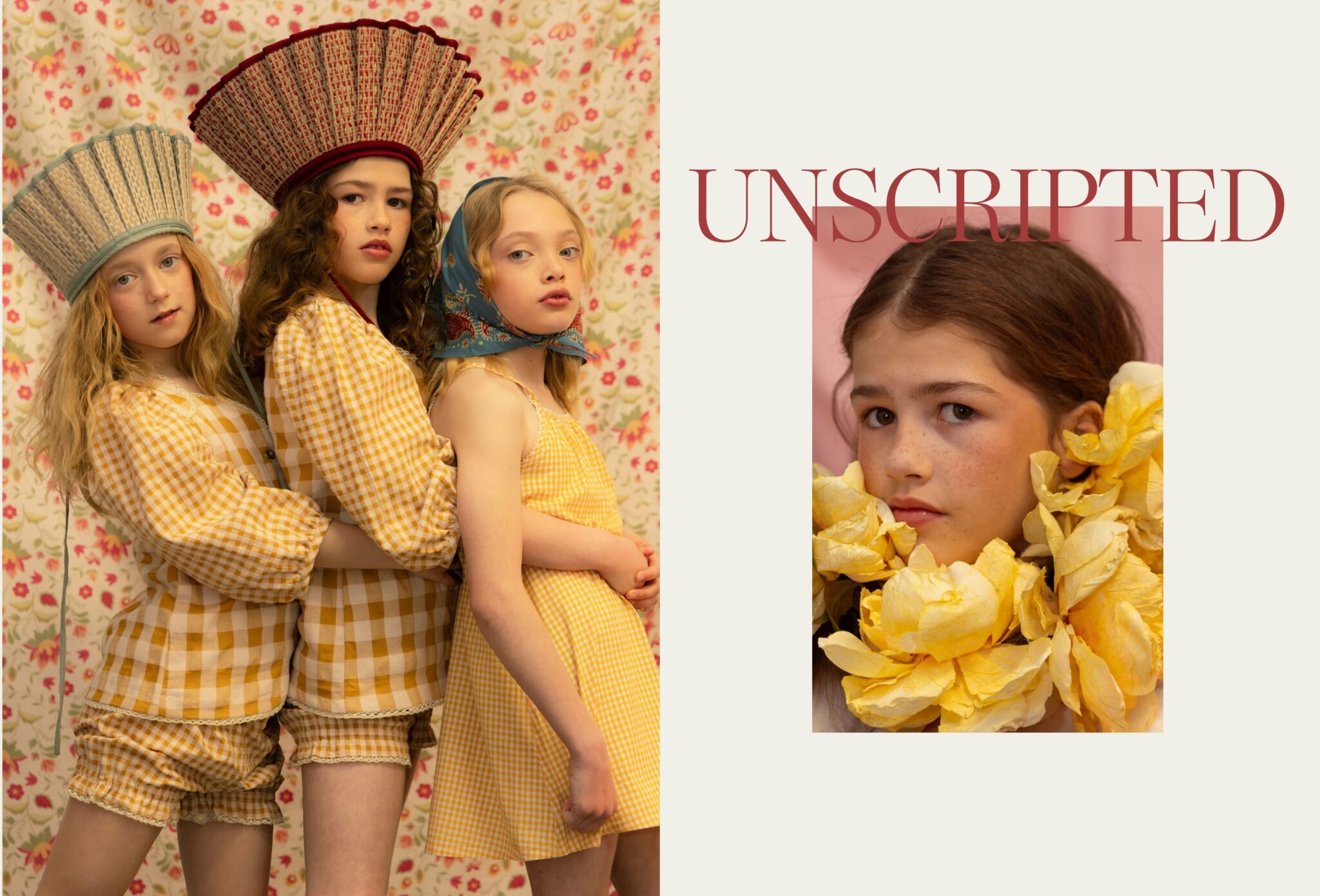 Kids fashion editorial Unscripted photographed by Marta Migacz and styled by Eva Rayner, featuring girls in yellow gingham looks, sculptural headpieces and floral styling for Scimparello Magazine.