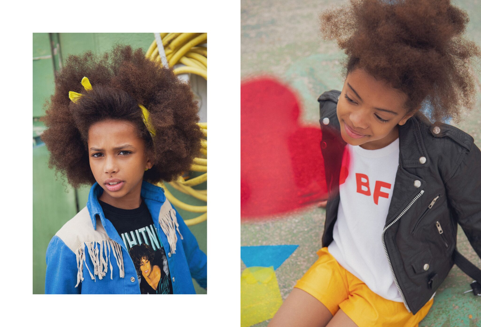 Kids fashion editorial RE.Twist photographed by Emmanuelle Lhote, featuring children in colourful upcycled looks with bold vintage styling, playful graphic shapes and creative direction by Anne-Charlotte Le Grand for Scimparello Magazine.
