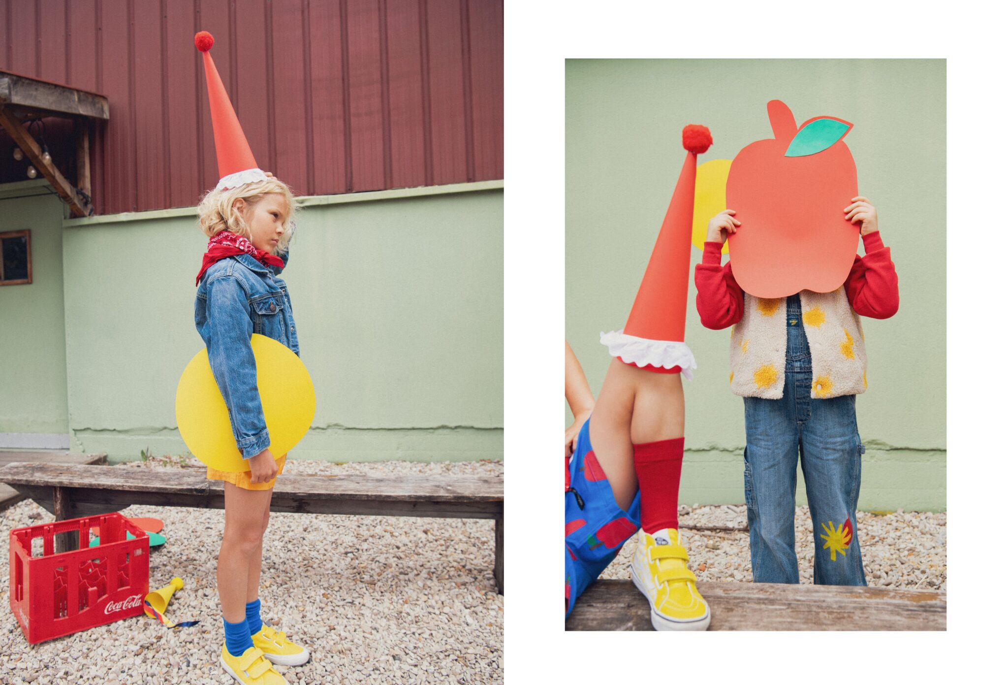Kids fashion editorial RE.Twist photographed by Emmanuelle Lhote, featuring children wearing colourful upcycled denim, graphic patches and playful paper props styled by Anne-Charlotte Le Grand for Scimparello Magazine.