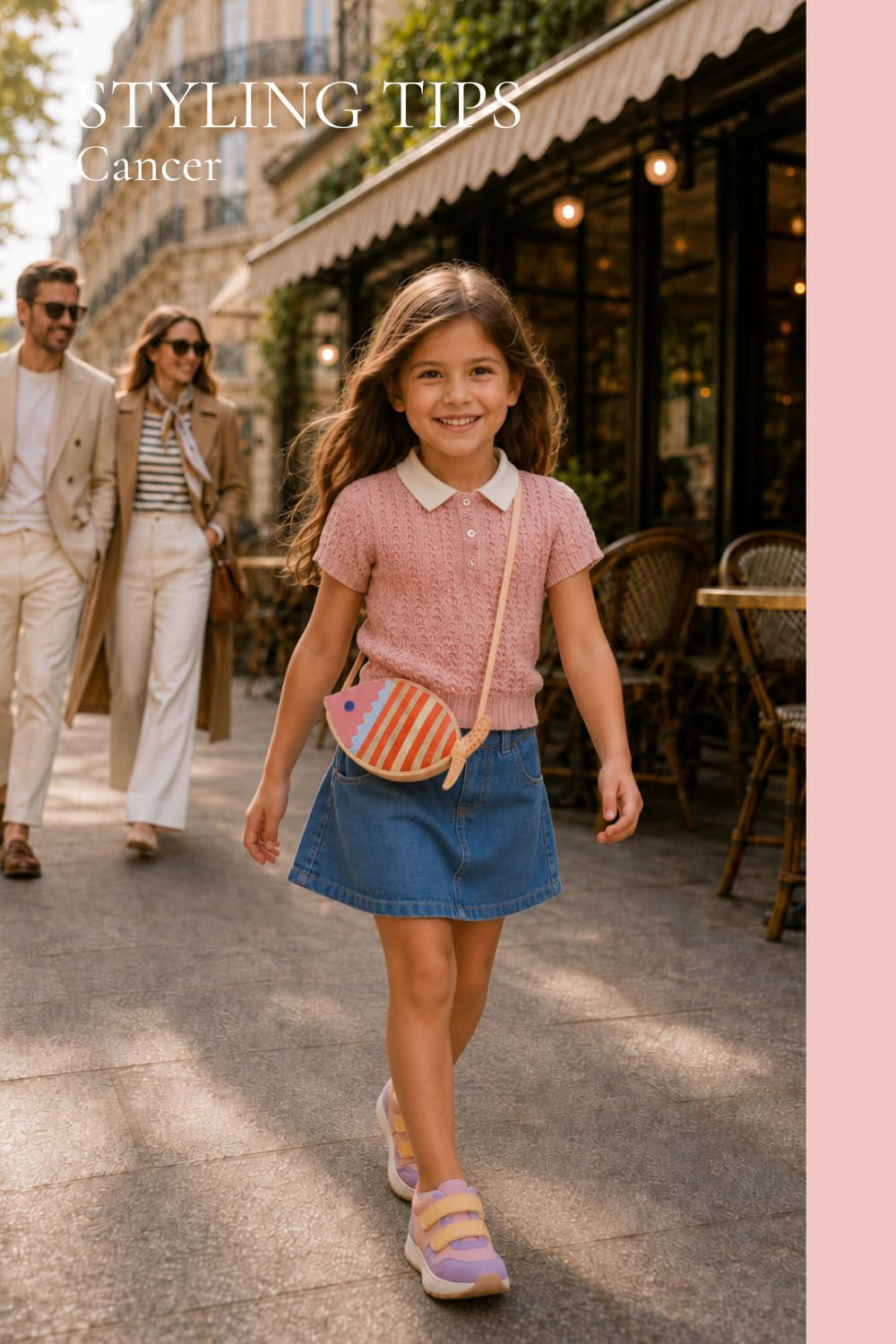 Young girl wearing a blush pink textured polo shirt, a denim mini skirt and pastel sneakers while walking along a sunny city street. She carries a playful fish-shaped crossbody bag, with casually dressed adults in the background, creating a warm and nostalgic summer atmosphere inspired by Cancer zodiac style.