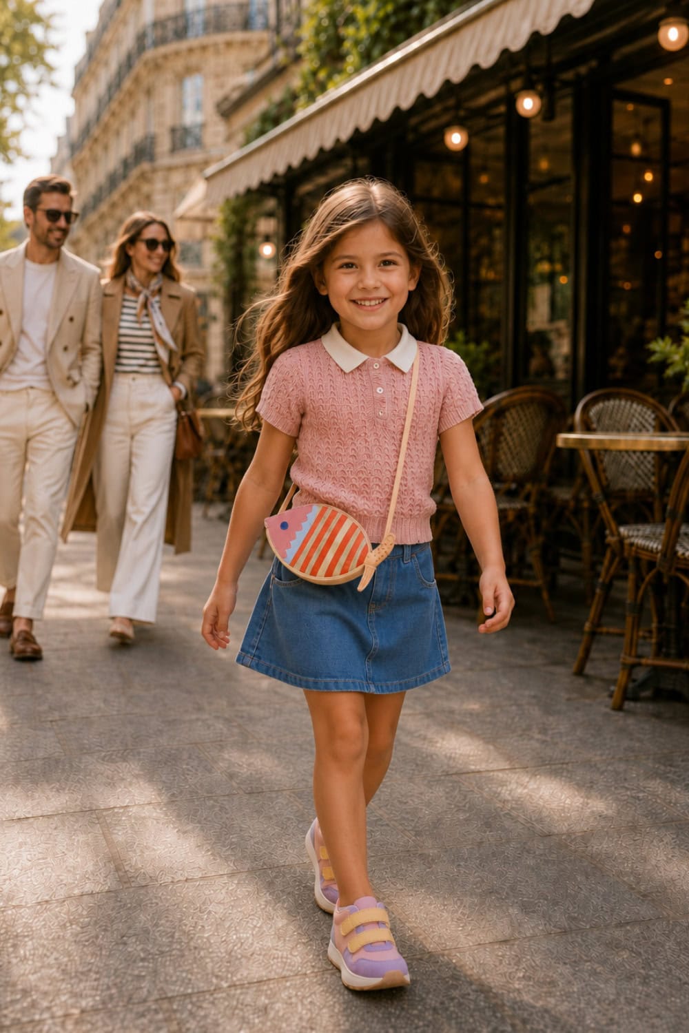 Young girl wearing a blush pink textured polo shirt, a denim mini skirt and pastel sneakers while walking along a sunny city street. She carries a playful fish-shaped crossbody bag, with casually dressed adults in the background, creating a warm and nostalgic summer atmosphere inspired by Cancer zodiac style.