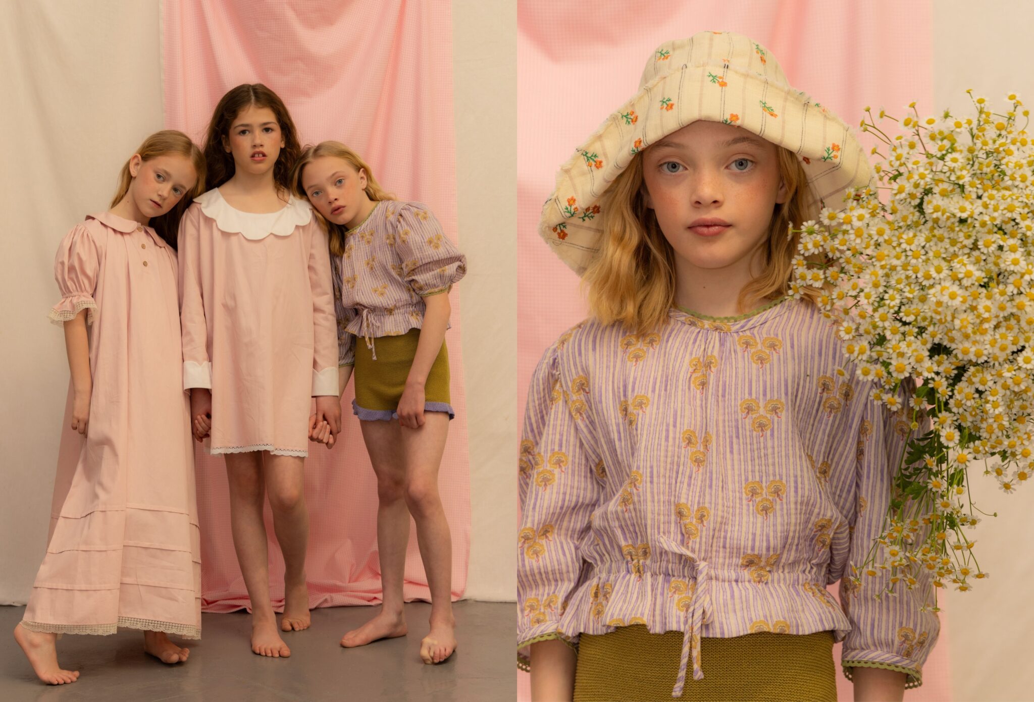 Kids fashion editorial Unscripted photographed by Marta Migacz and styled by Eva Rayner, featuring girls in soft pink and lilac looks, with a floral bucket hat and a bouquet of daisies for Scimparello Magazine.