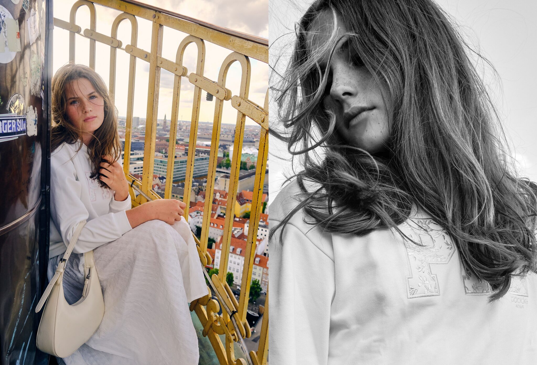 Teen fashion editorial Take Me Back to Tivoli photographed by Erica Allen in Copenhagen, featuring a girl in a white look on a city viewpoint and a black and white windblown portrait for Scimparello Magazine.