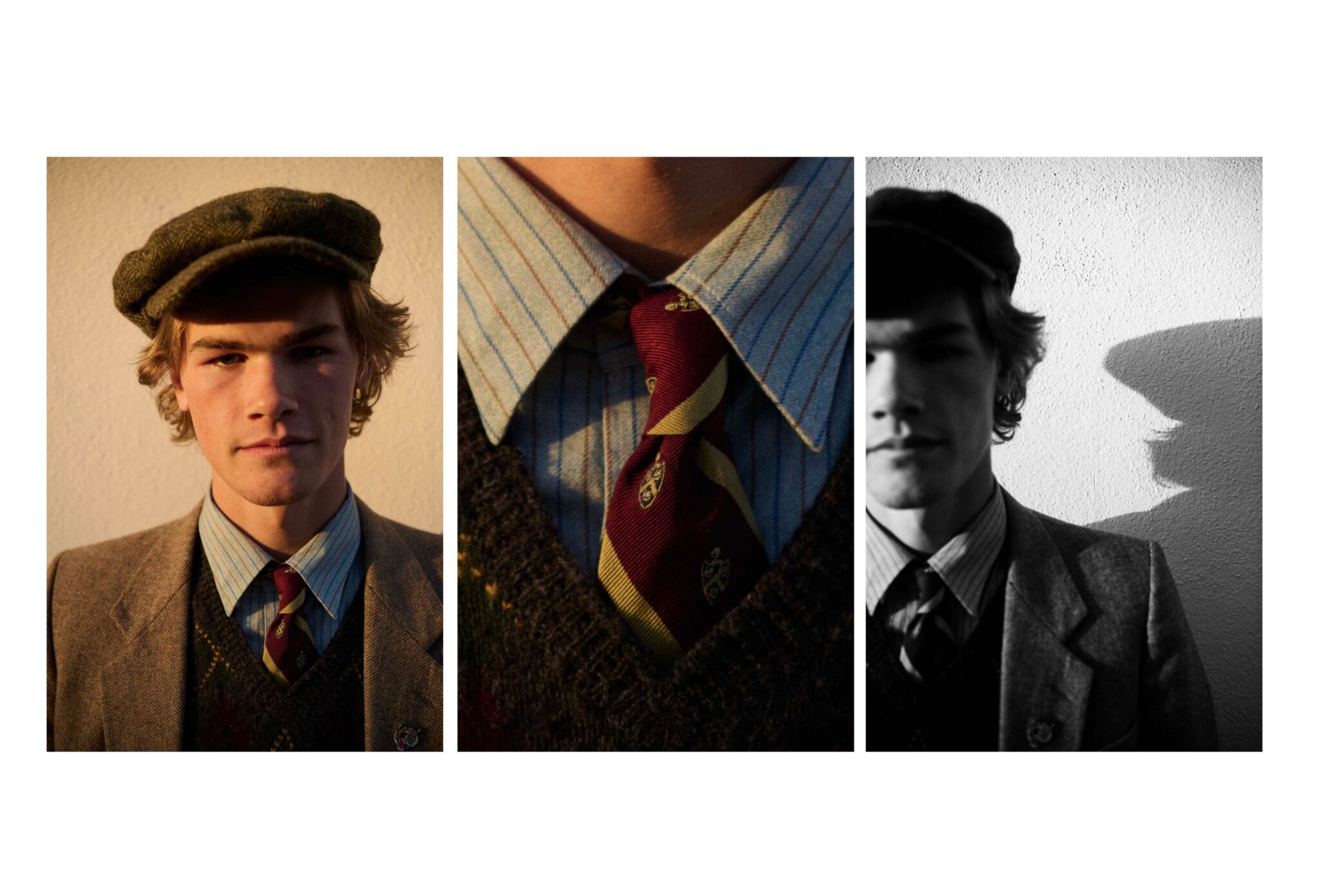 Portrait triptych of a boy wearing Ralph Lauren tailored layers, a flat cap, striped shirt and tie in Ralph Brothers, a kids fashion editorial photographed by Tim Marsella for Scimparello Magazine.