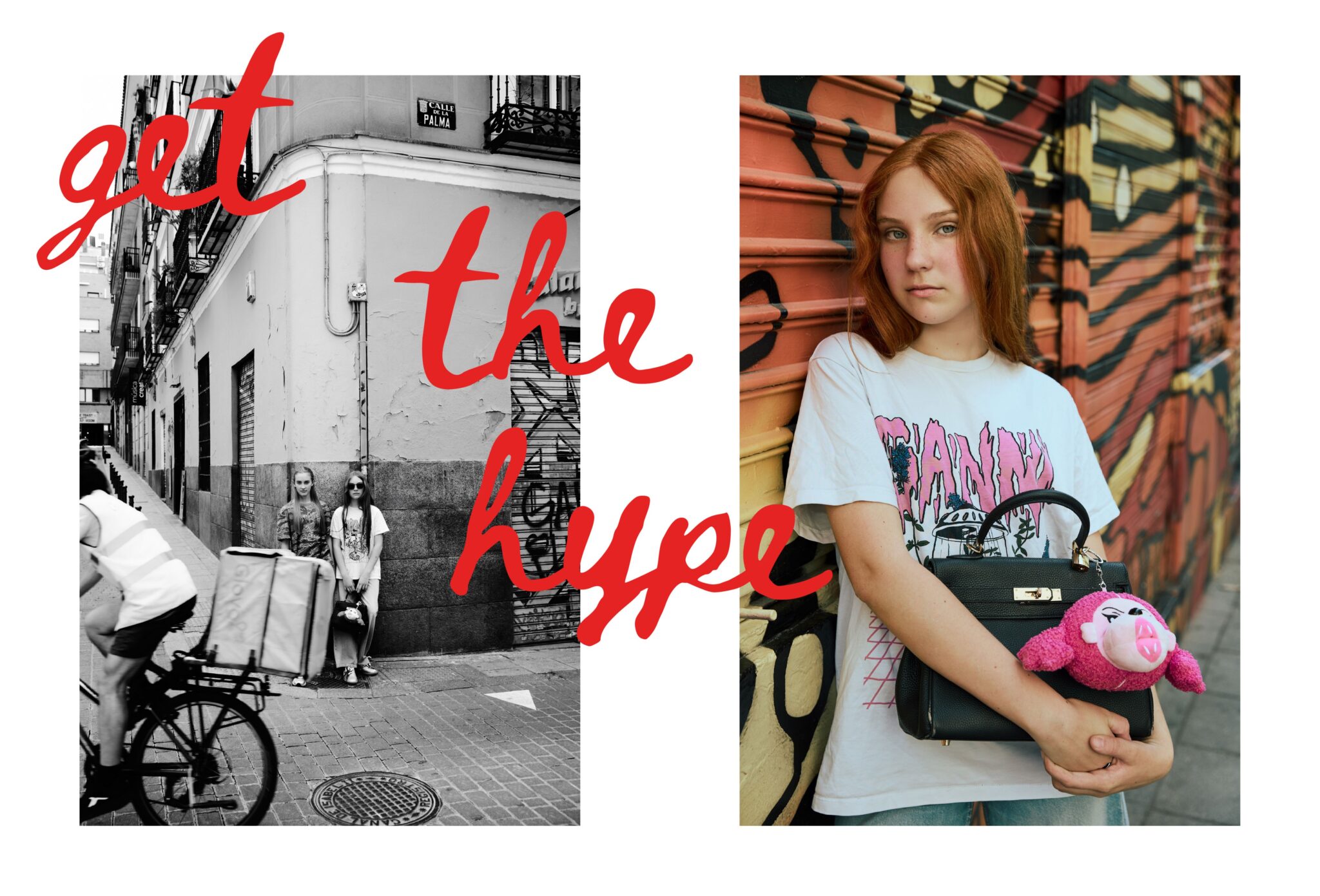 Teen fashion editorial City Belongs to Us photographed by Sandra Martinez and Mara Rodriguez, featuring an urban Madrid street scene and a girl with a handbag against a graffiti wall for Scimparello Magazine.