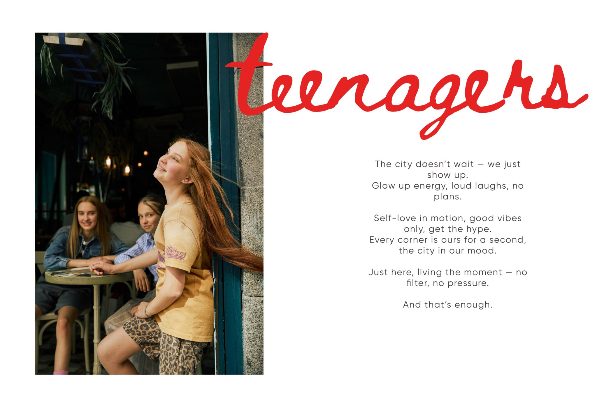 Teen fashion editorial City Belongs to Us photographed by Sandra Martinez and Mara Rodriguez, featuring girls laughing and drinking together in a café with red handwritten typography for Scimparello Magazine.