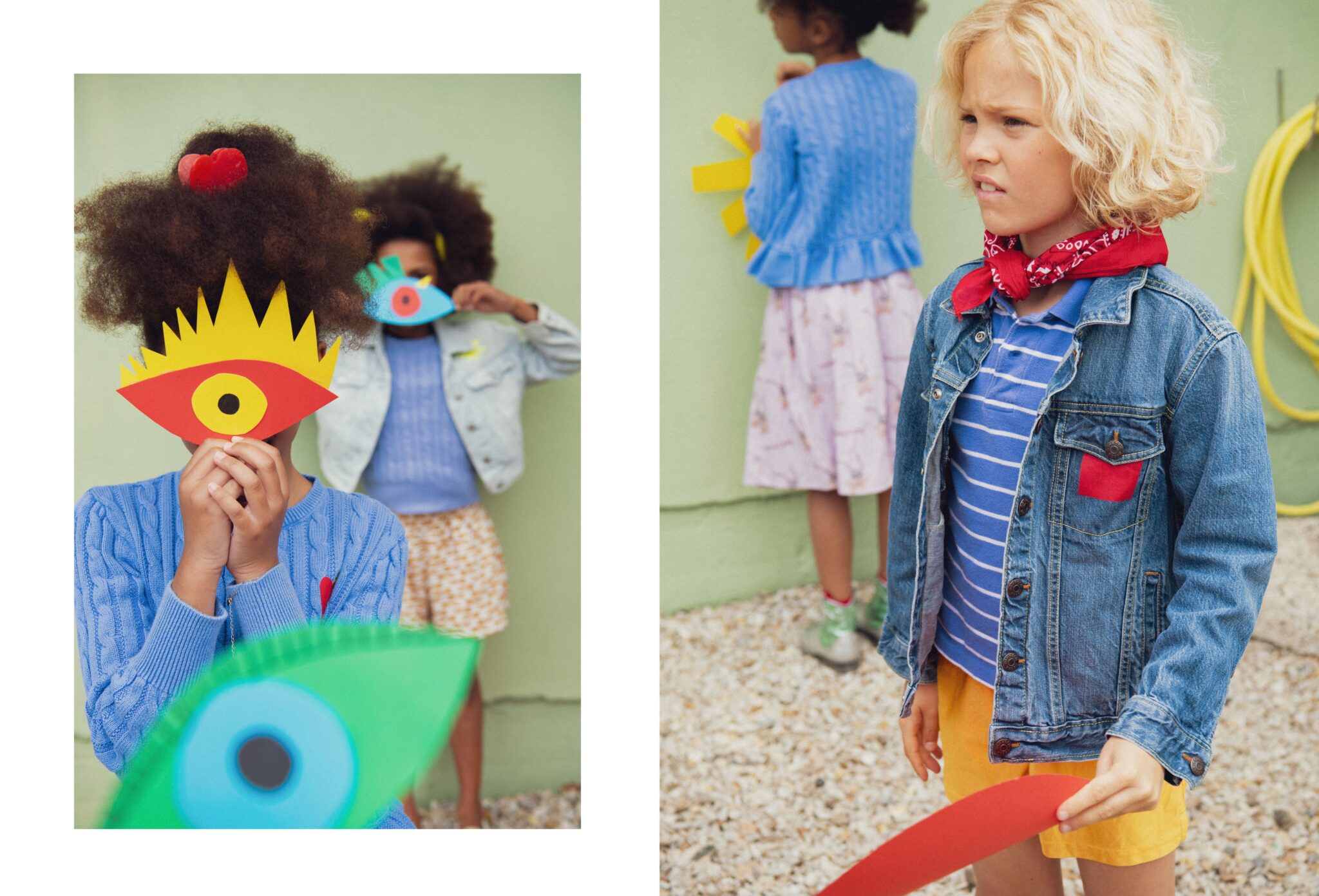 Kids fashion editorial RE.Twist photographed by Emmanuelle Lhote, featuring children in colourful upcycled looks with playful paper shapes and denim details for Scimparello Magazine.