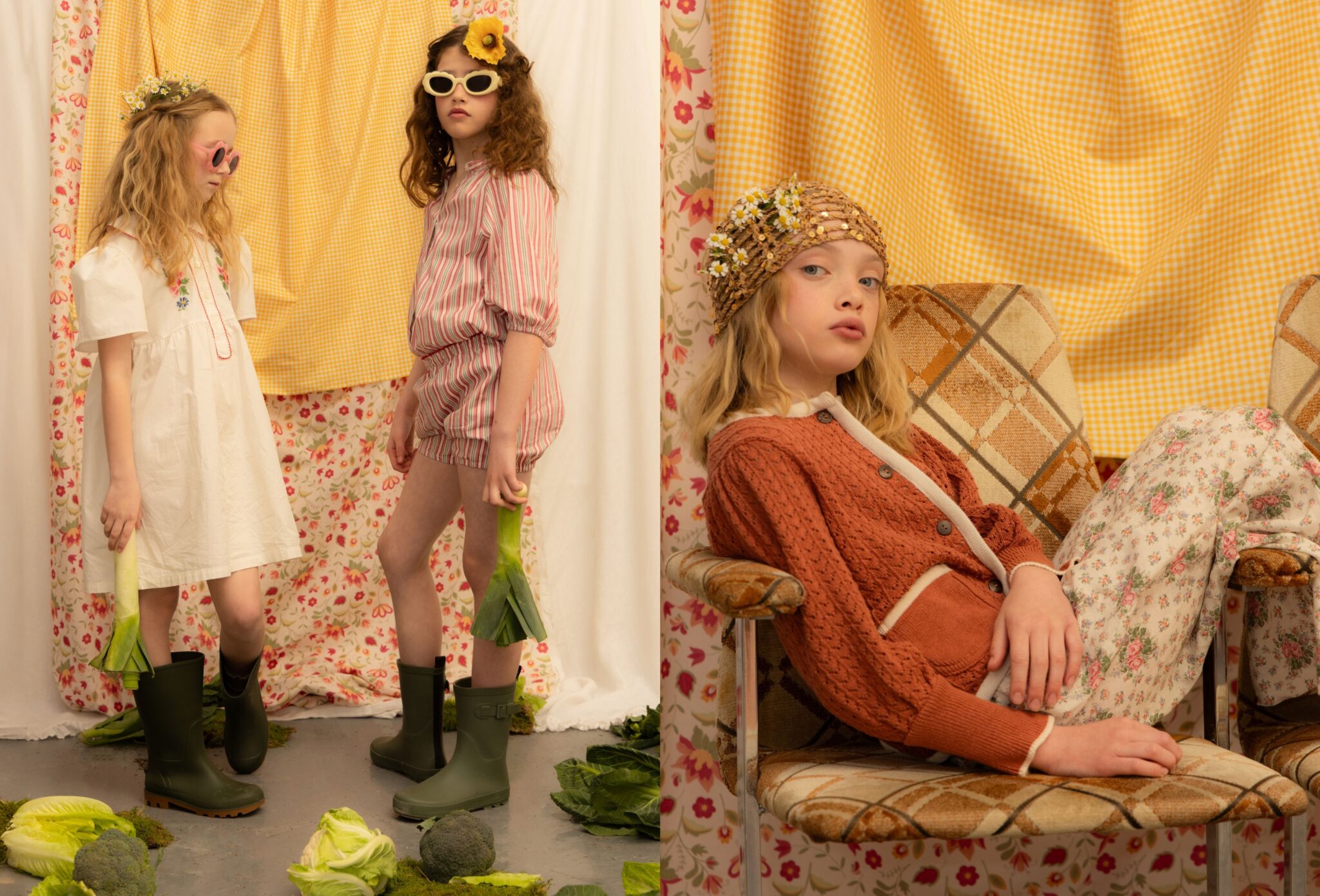 Kids fashion editorial Unscripted photographed by Marta Migacz and styled by Eva Rayner, featuring girls in playful garden-inspired looks with wellies, vegetables, floral prints and vintage-style textures for Scimparello Magazine.