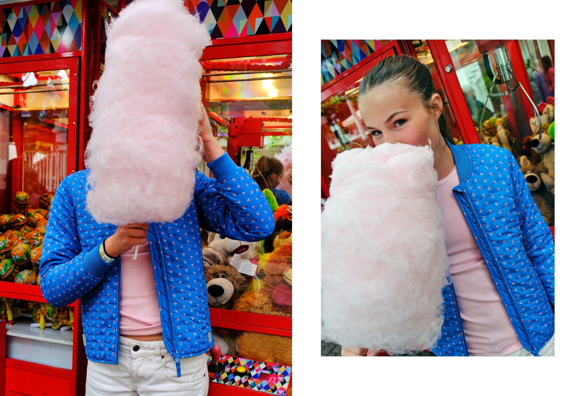 Teen fashion editorial Take Me Back to Tivoli photographed by Erica Allen in Copenhagen, featuring a girl in a blue jacket holding pink cotton candy at an amusement arcade for Scimparello Magazine.