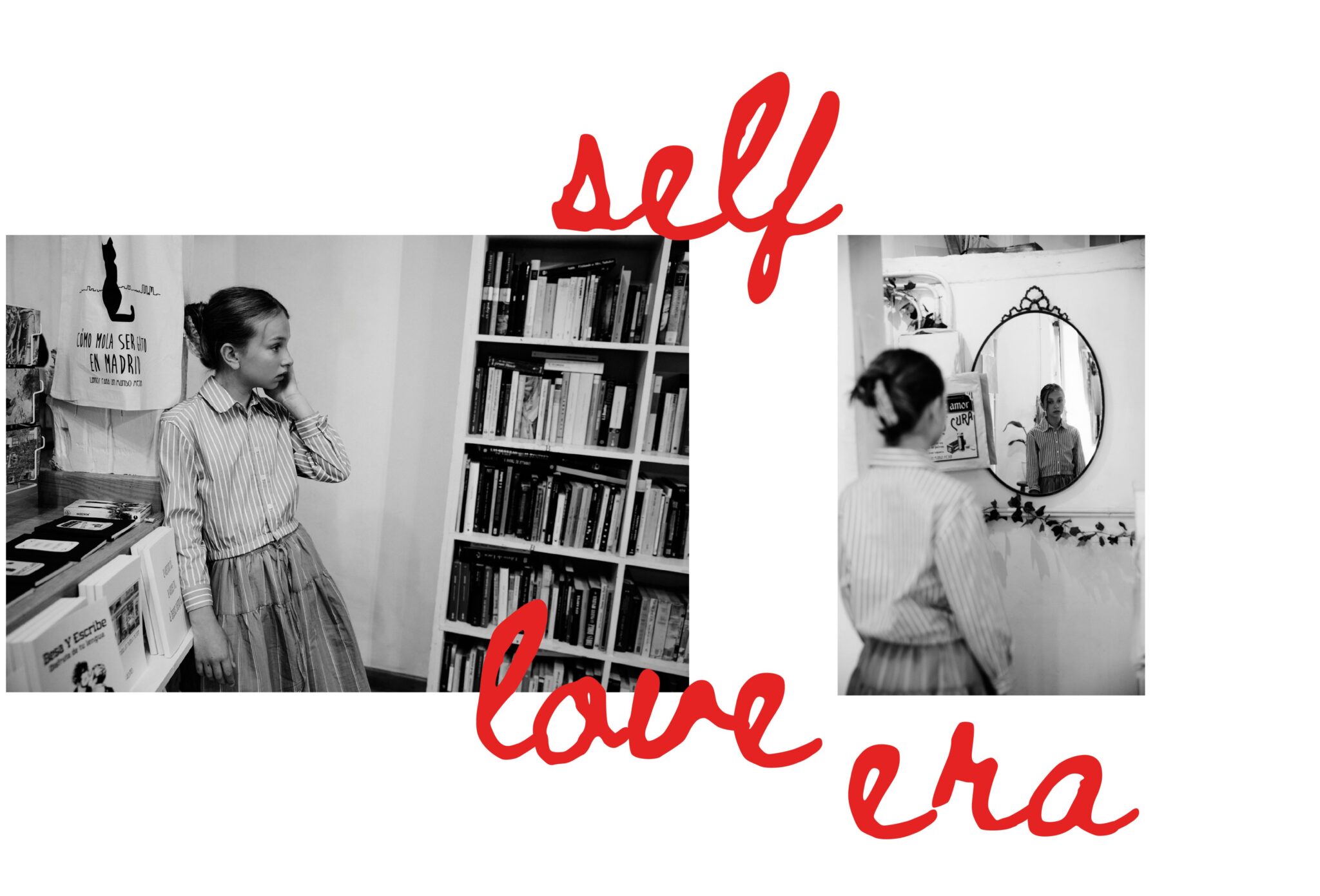 Black and white teen fashion editorial City Belongs to Us photographed by Sandra Martinez and Mara Rodriguez, featuring a girl in a bookstore and a mirror portrait with red handwritten typography for Scimparello Magazine.