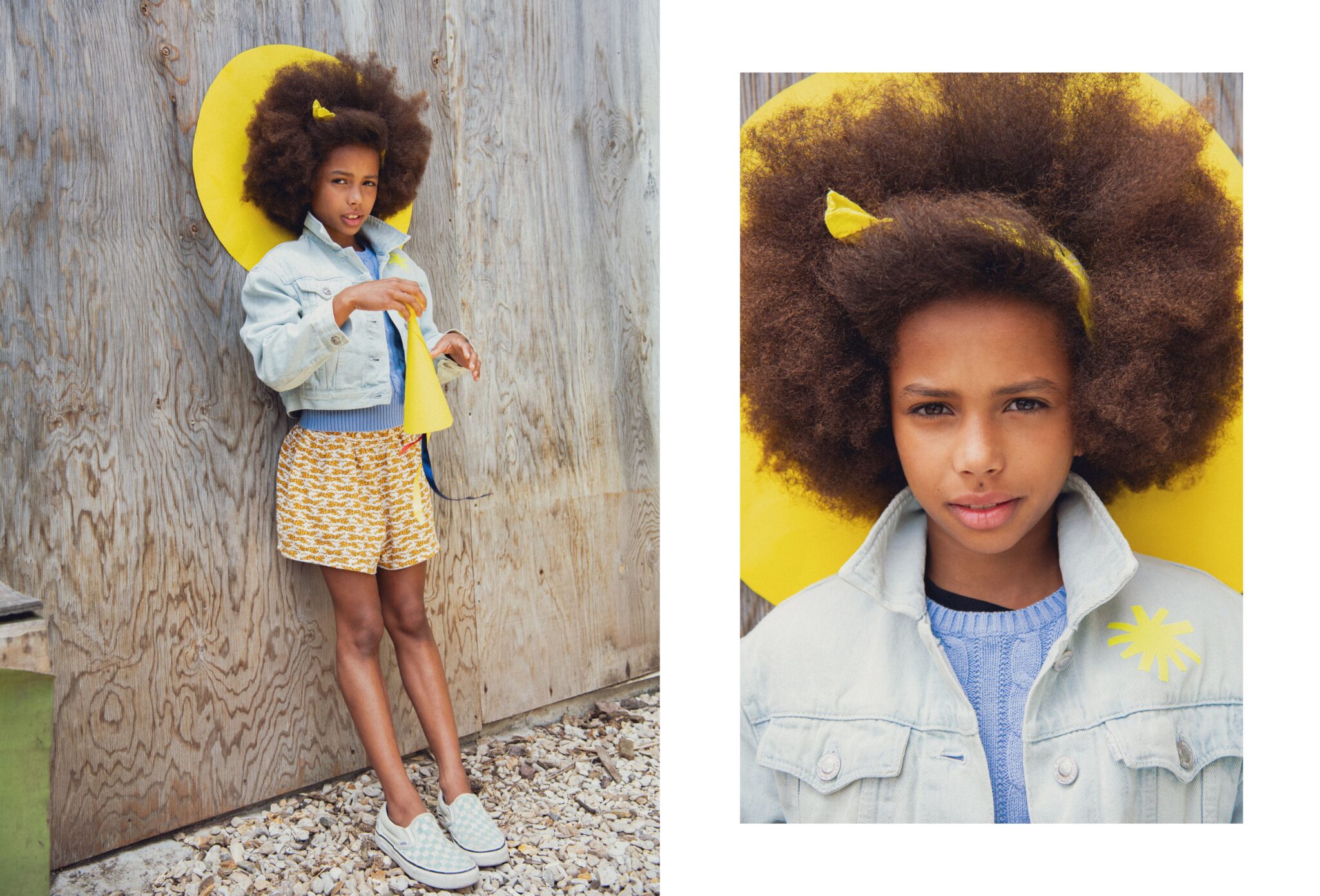 Kids fashion editorial RE.Twist photographed by Emmanuelle Lhote, featuring a girl in an upcycled denim jacket, blue knitwear and yellow printed shorts with graphic sun details for Scimparello Magazine.