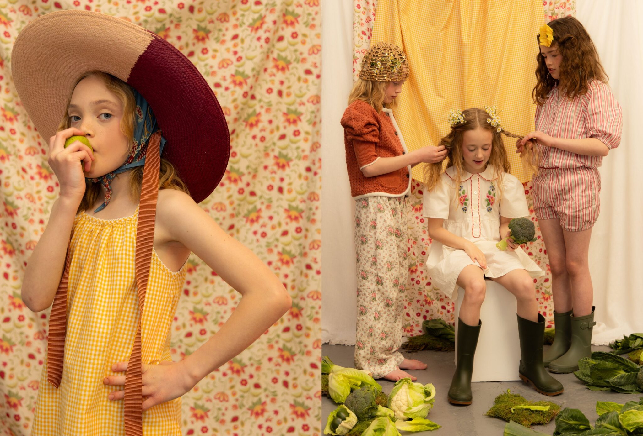 Kids fashion editorial Unscripted photographed by Marta Migacz and styled by Eva Rayner, featuring girls in yellow gingham, floral pieces, oversized hats and playful garden-inspired styling for Scimparello Magazine.