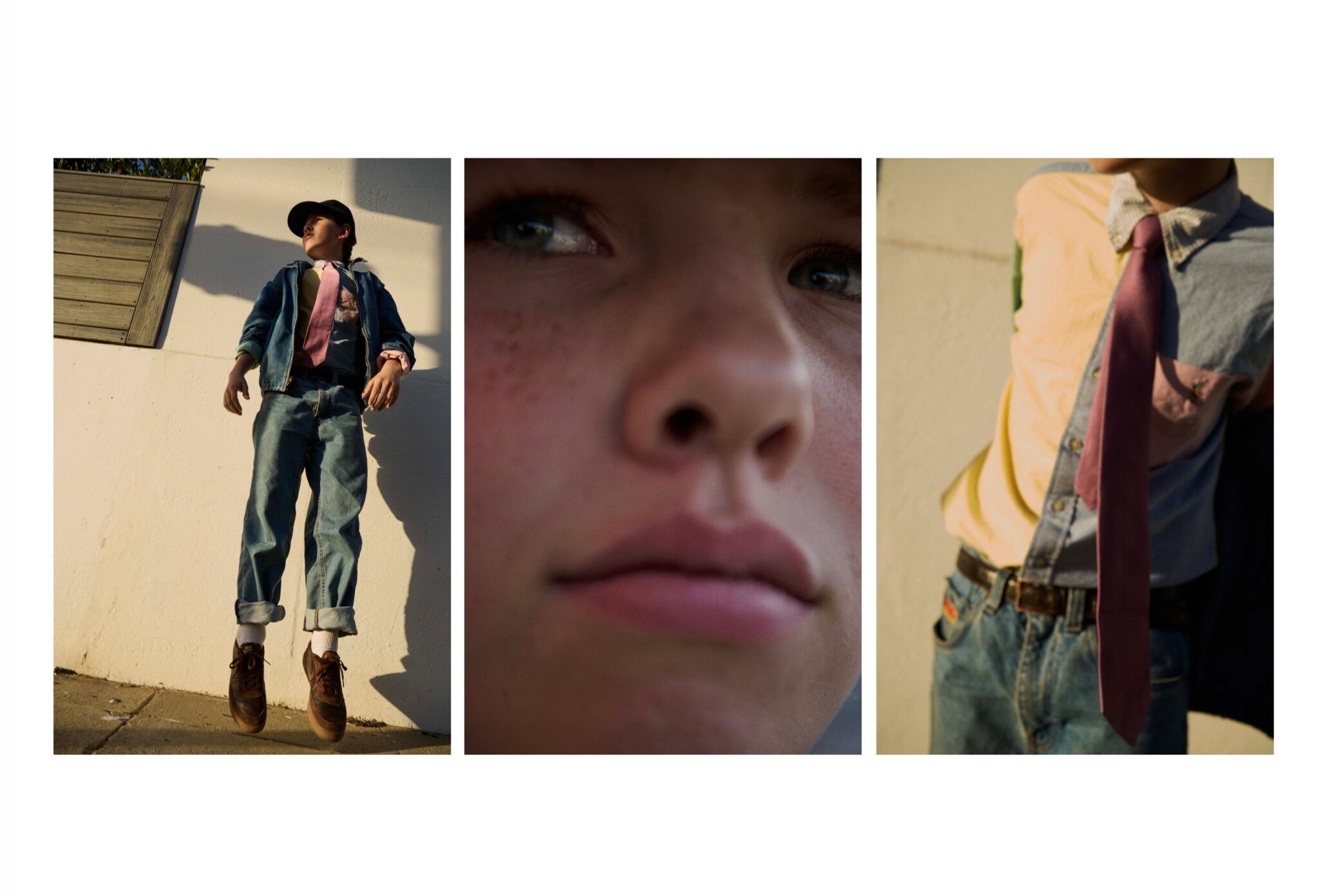 Triptych from Ralph Brothers featuring a boy in Ralph Lauren denim and tie, a close-up portrait, and a tailored shirt and tie detail, photographed by Tim Marsella for Scimparello Magazine.