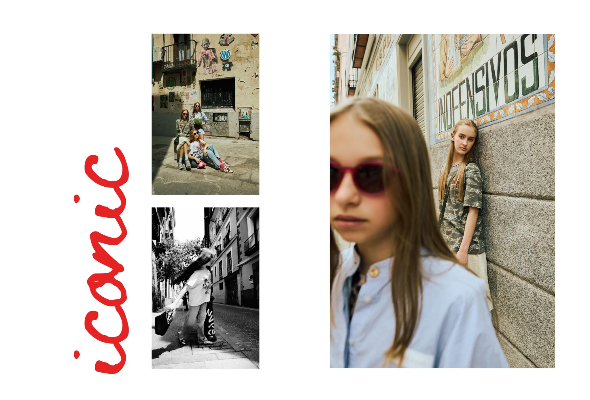 Teen fashion editorial City Belongs to Us photographed by Sandra Martinez and Mara Rodriguez, featuring girls in Madrid street scenes, sunglasses and urban fashion with red handwritten typography for Scimparello Magazine.