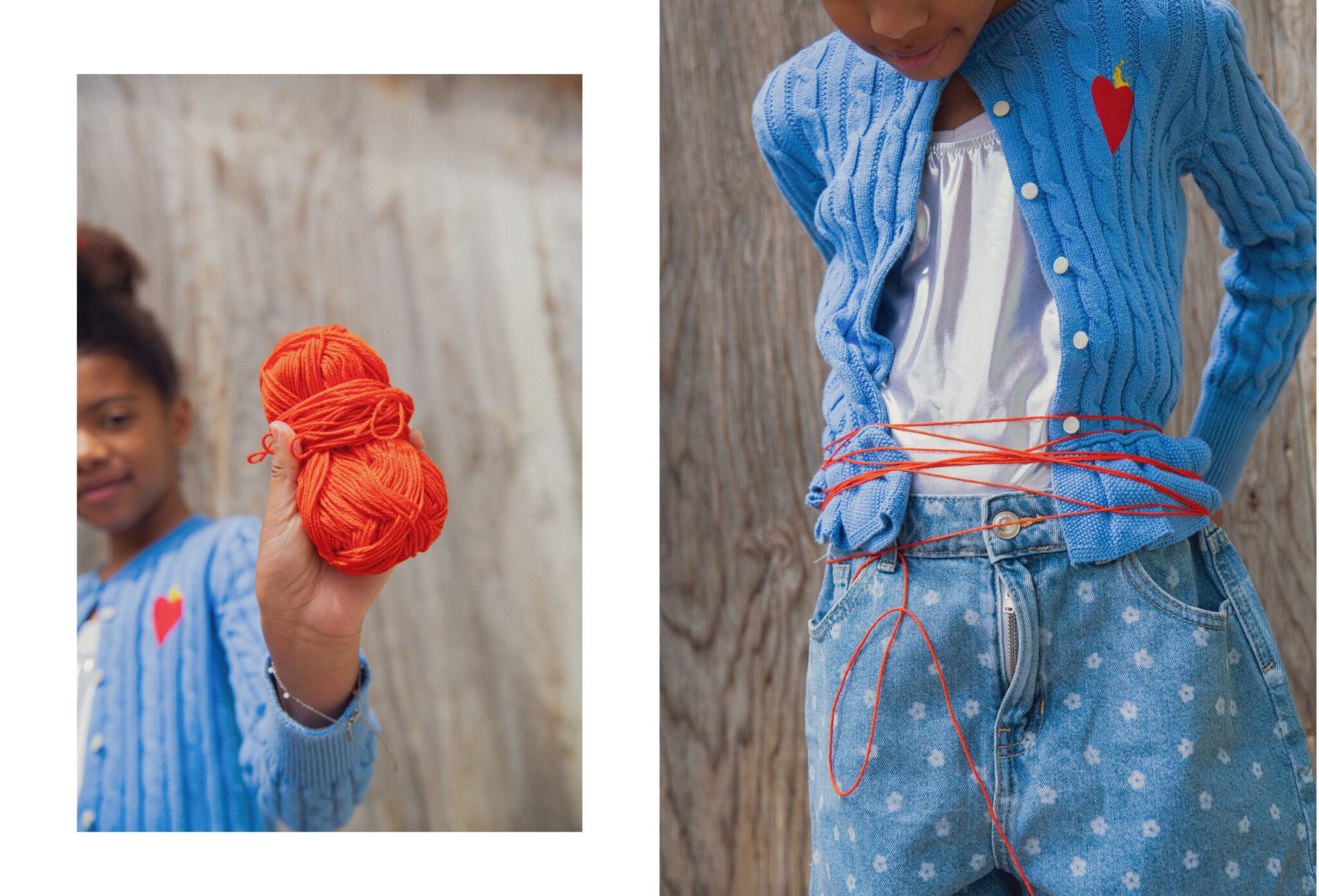 Kids fashion editorial RE.Twist photographed by Emmanuelle Lhote, featuring upcycled childrenswear with a blue cardigan, red yarn details and a handmade heart patch for Scimparello Magazine.