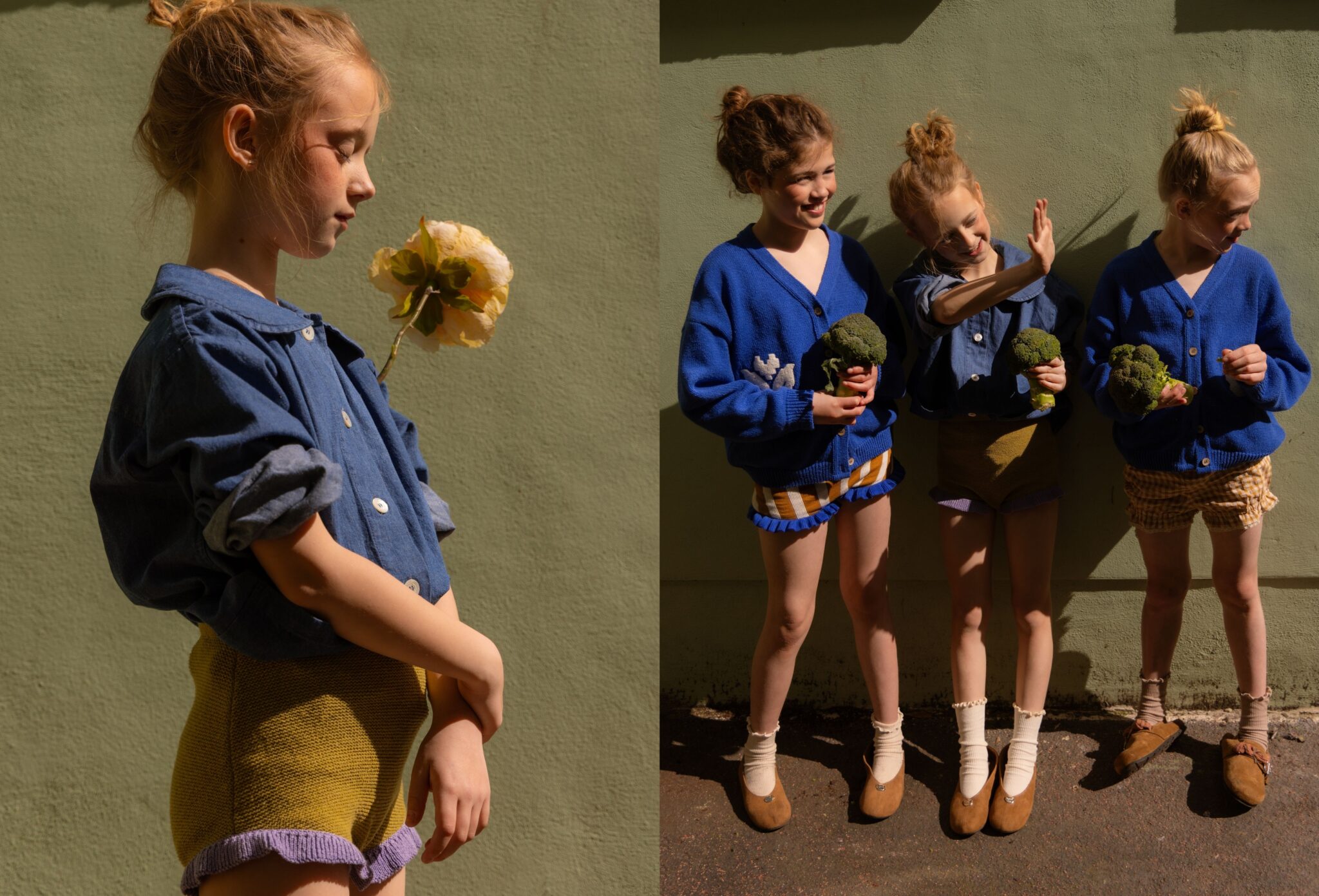 Kids fashion editorial Unscripted photographed by Marta Migacz and styled by Eva Rayner, featuring girls in blue and ochre looks holding flowers and broccoli in warm sunlight for Scimparello Magazine.