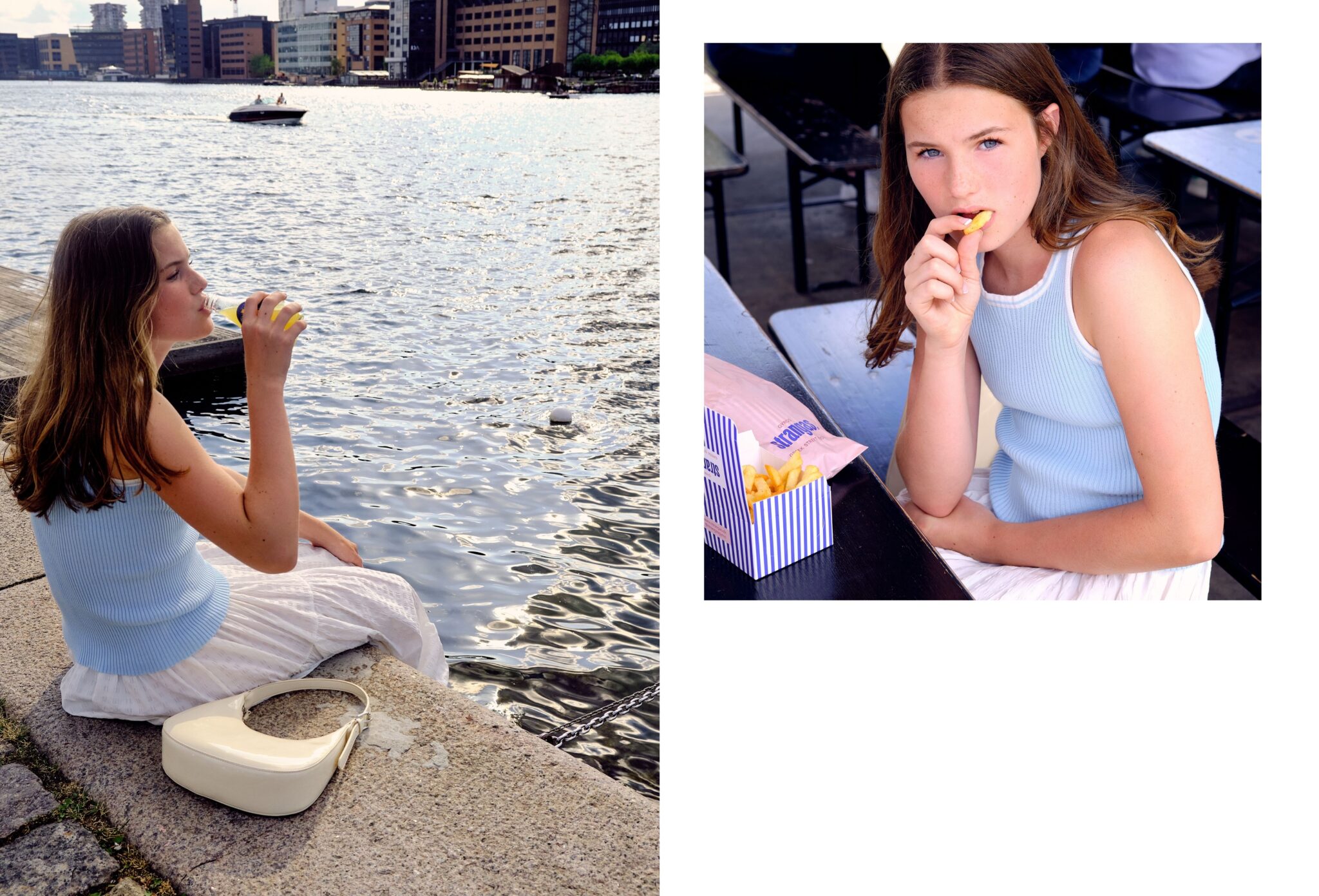 Teen fashion editorial Take Me Back to Tivoli photographed by Erica Allen in Copenhagen, featuring a girl in a pale blue top and white skirt eating chips by the waterfront for Scimparello Magazine.