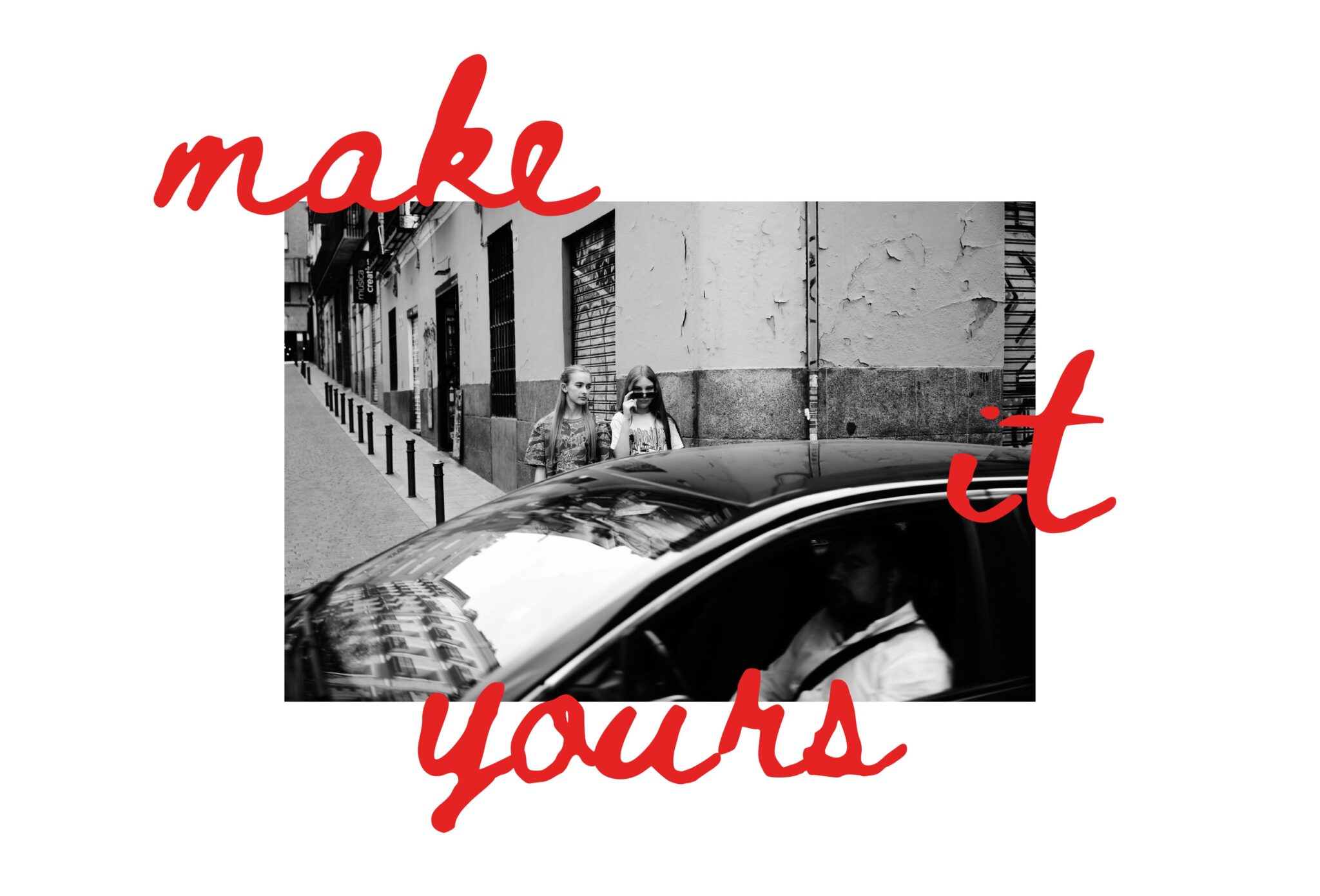 Black and white teen fashion editorial City Belongs to Us photographed by Sandra Martinez and Mara Rodriguez, featuring two girls on a Madrid street with a passing car and red handwritten typography for Scimparello Magazine.