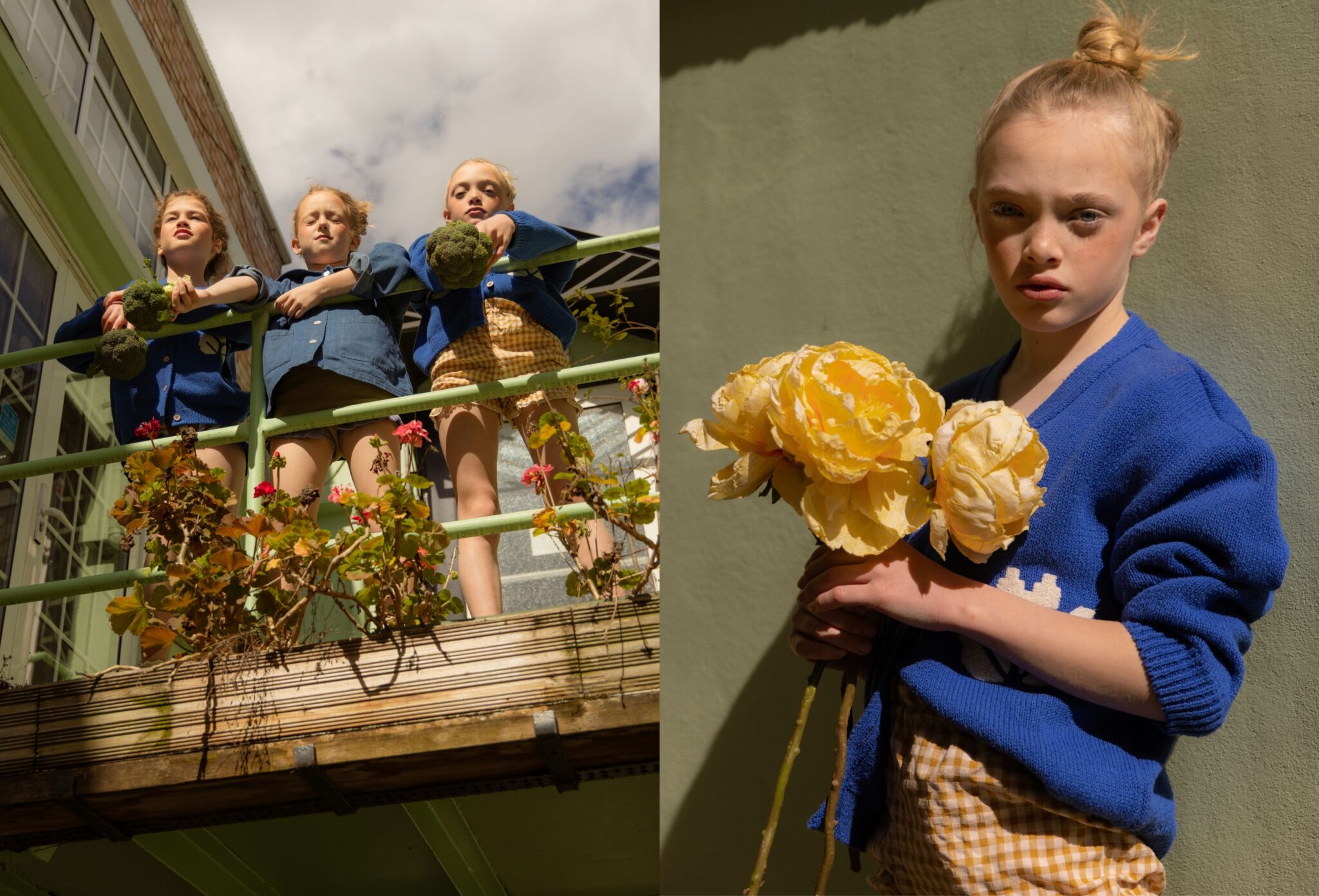 Kids fashion editorial Unscripted photographed by Marta Migacz and styled by Eva Rayner, featuring girls in blue cardigans and gingham shorts holding broccoli and yellow flowers in bright garden sunlight for Scimparello Magazine.