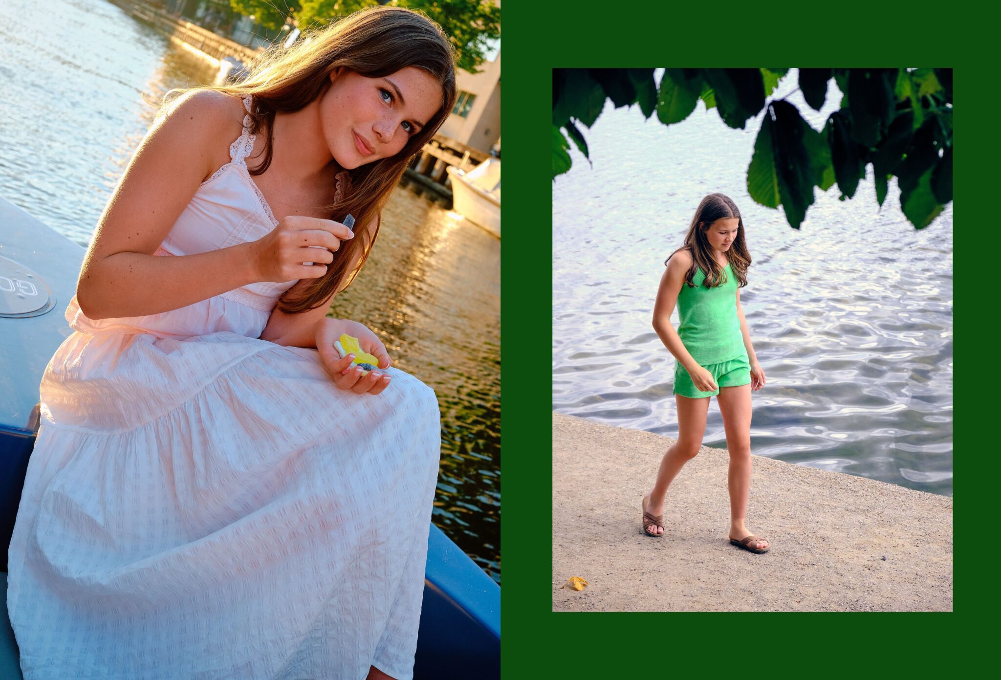 Teen fashion editorial Take Me Back to Tivoli photographed by Erica Allen in Copenhagen, featuring a girl in white and green summer looks by the waterfront for Scimparello Magazine.