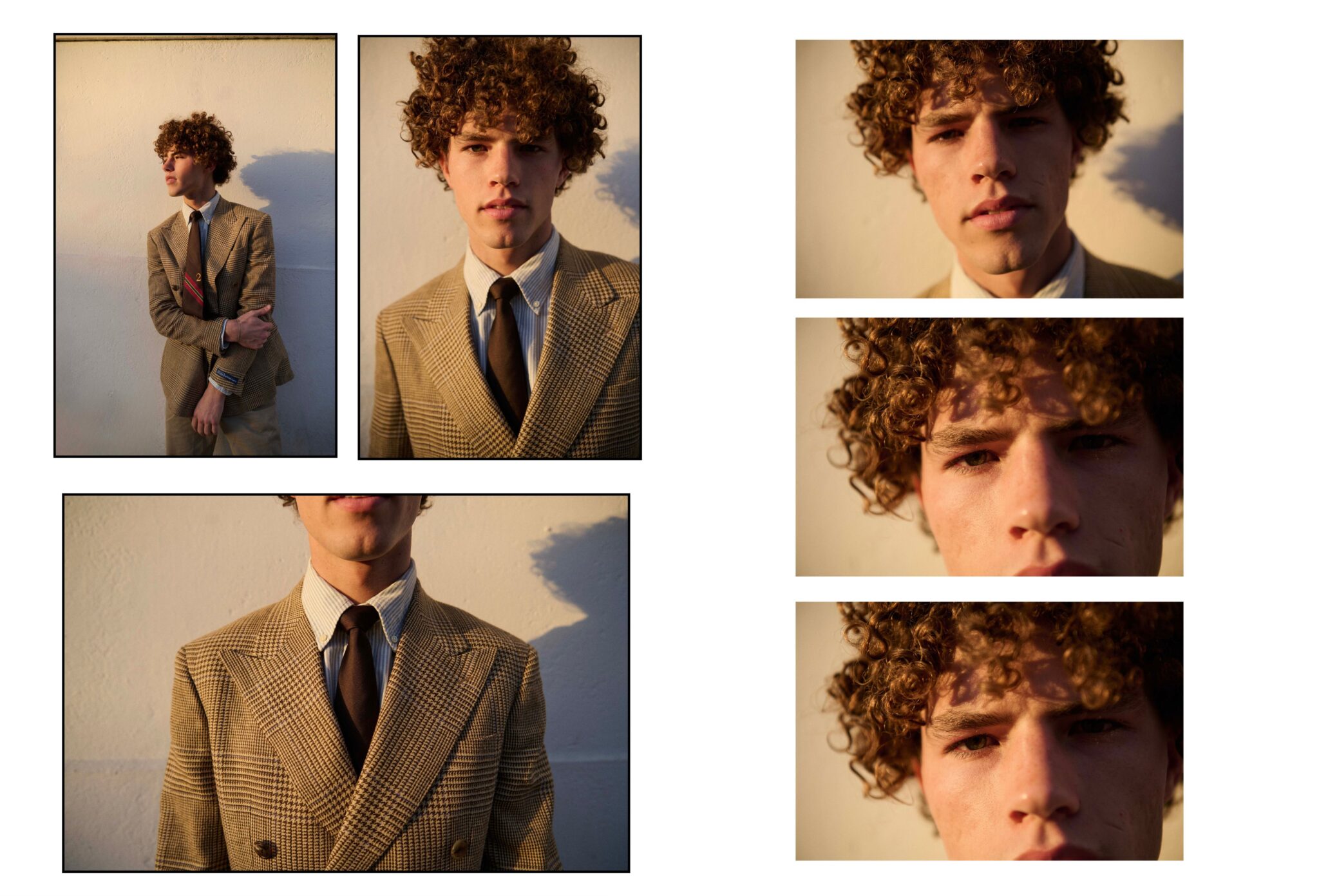 Collage of portraits and fashion details showing a boy in Ralph Lauren tailored suit, shirt and tie in warm evening light for Ralph Brothers, a kids fashion editorial photographed by Tim Marsella for Scimparello Magazine.