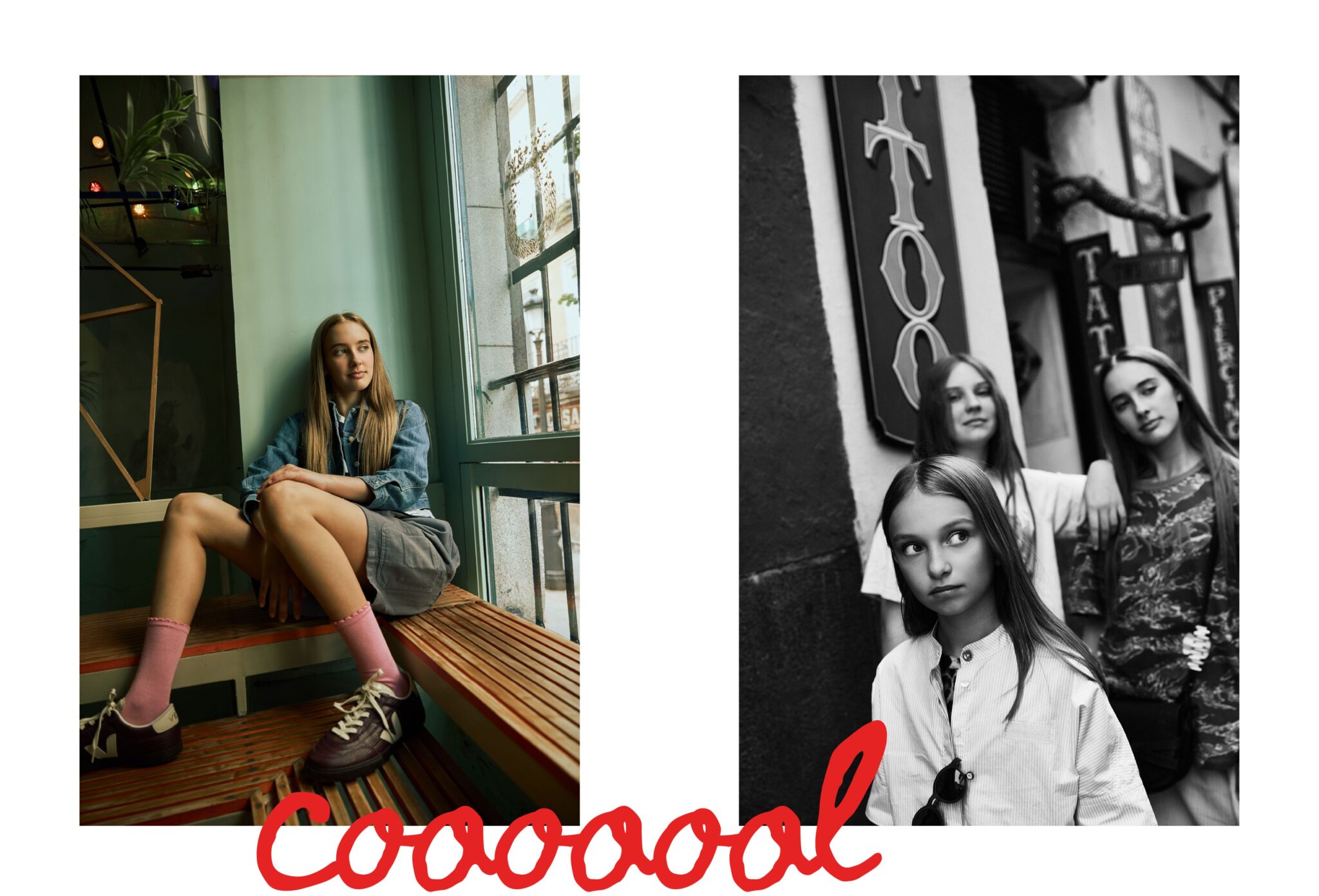 Teen fashion editorial City Belongs to Us photographed by Sandra Martinez and Mara Rodriguez, featuring girls in café and city street portraits with bold red handwritten typography for Scimparello Magazine.