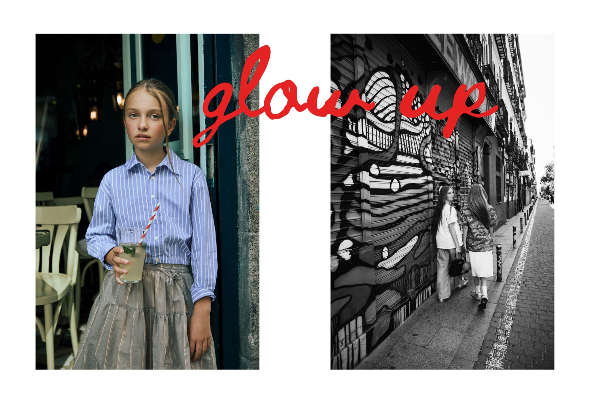 Teen fashion editorial City Belongs to Us photographed by Sandra Martinez and Mara Rodriguez, featuring a girl holding a drink outside a café and two girls walking past graffiti in Madrid for Scimparello Magazine.