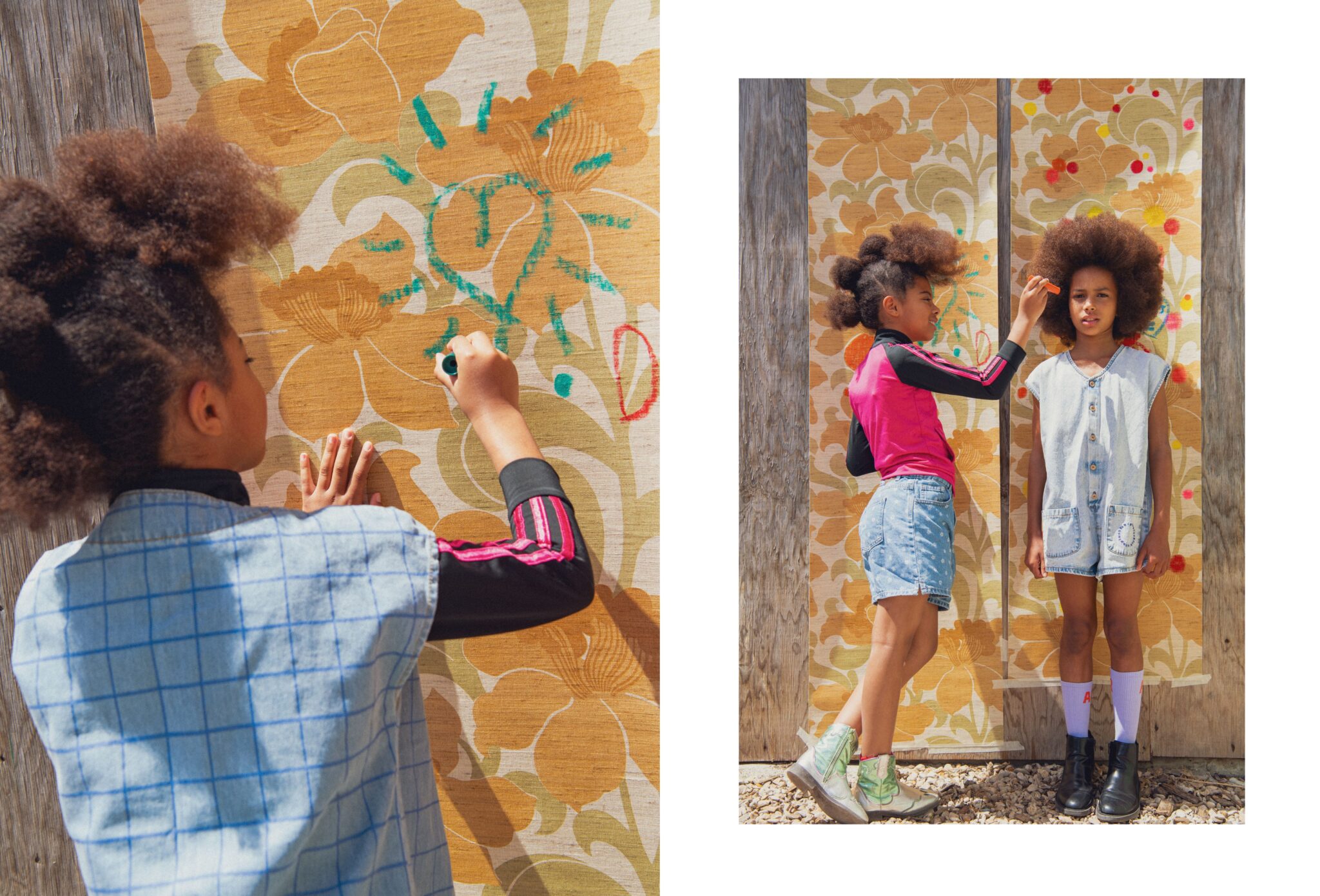 Kids fashion editorial RE.Twist photographed by Emmanuelle Lhote, featuring children drawing on a floral backdrop and wearing colourful upcycled childrenswear styled by Anne-Charlotte Le Grand for Scimparello Magazine.