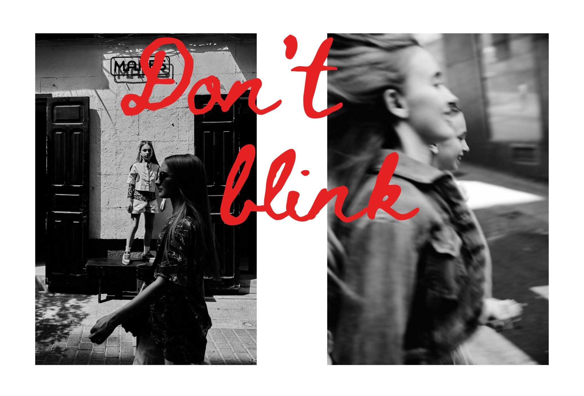 Black and white teen fashion editorial City Belongs to Us photographed by Sandra Martinez and Mara Rodriguez, featuring girls in motion on Madrid streets with bold red handwritten typography for Scimparello Magazine.