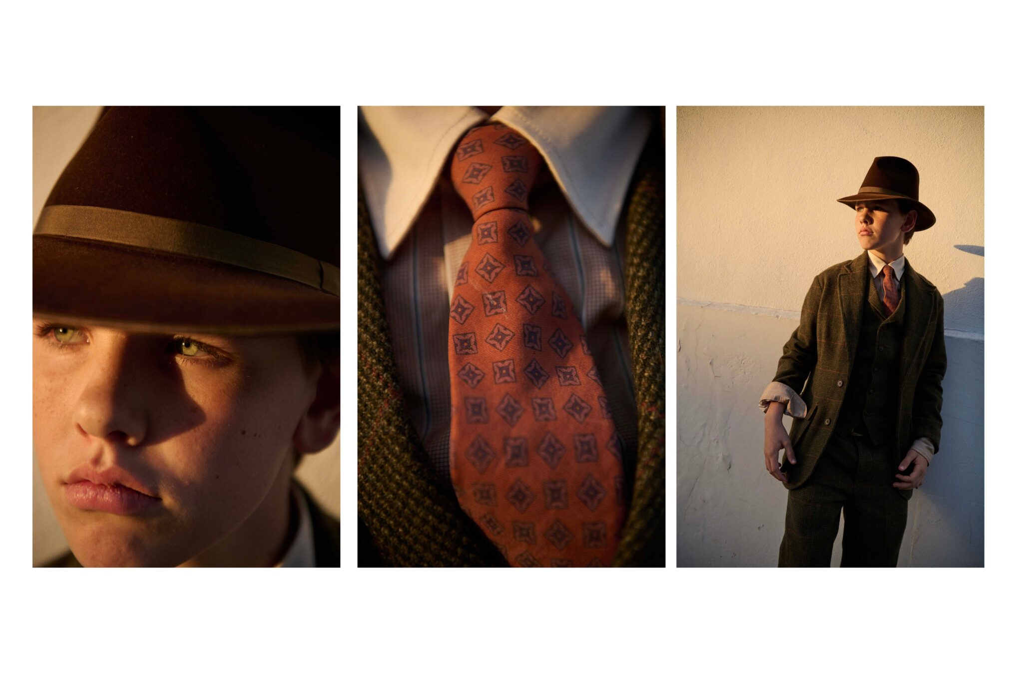 Triptych from Ralph Brothers showing a boy in Ralph Lauren heritage tailoring, with close-ups of his brown hat, patterned tie and tailored suit in warm evening light, photographed by Tim Marsella for Scimparello Magazine.