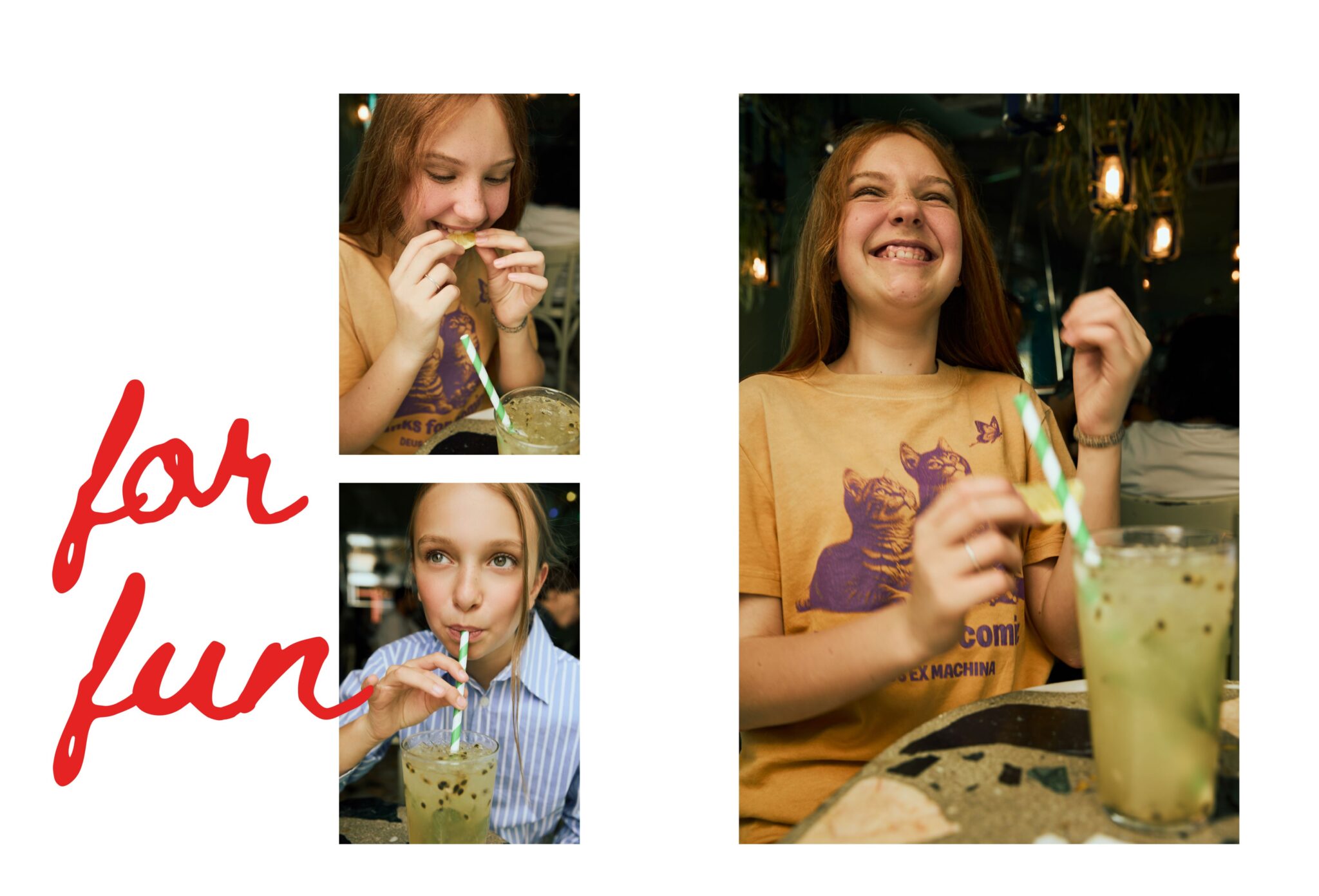Teen fashion editorial City Belongs to Us photographed by Sandra Martinez and Mara Rodriguez, featuring girls laughing, eating and drinking together in a café for Scimparello Magazine.