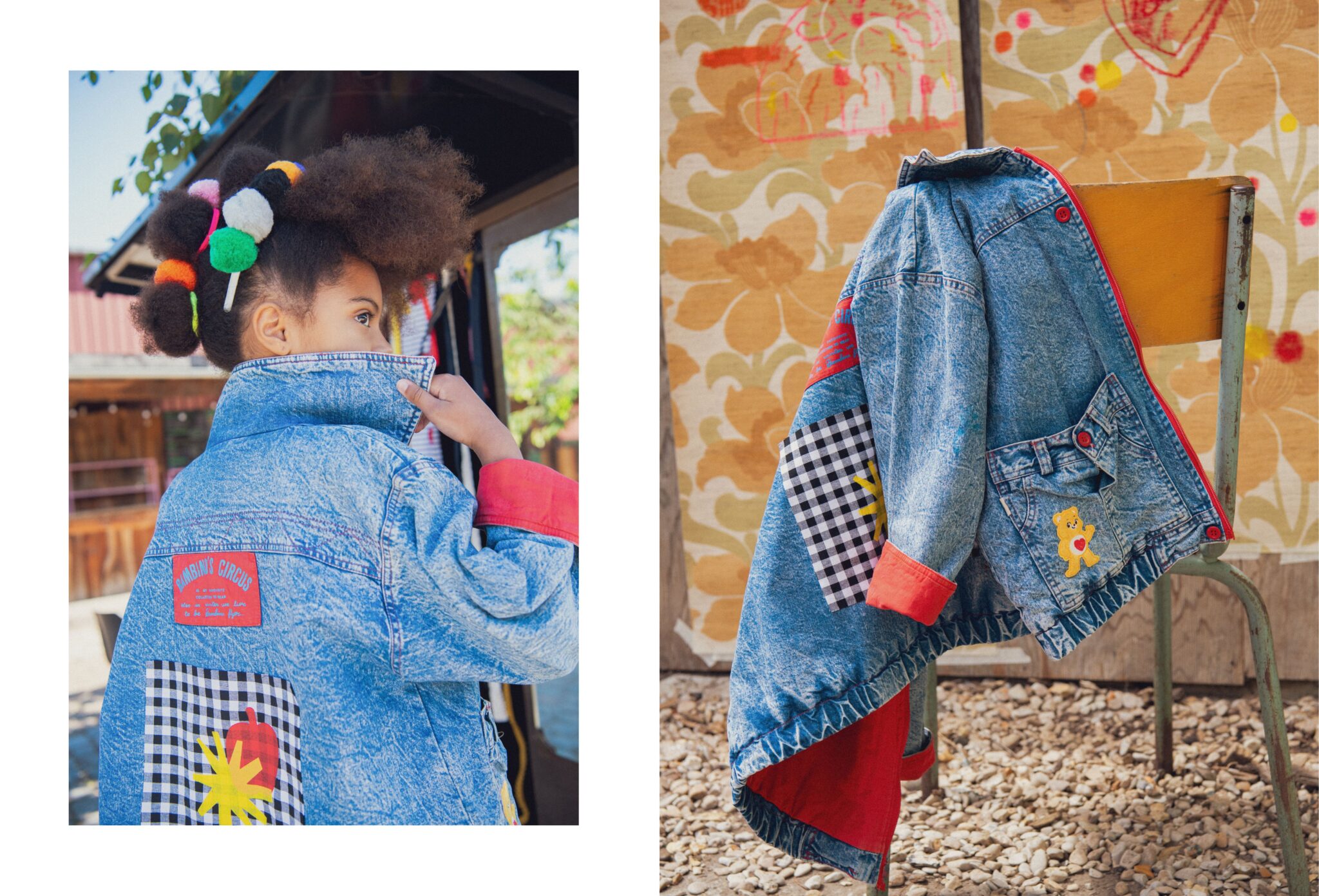Kids fashion editorial RE.Twist photographed by Emmanuelle Lhote, featuring an upcycled denim jacket with colourful patches, red details and playful styling by Anne-Charlotte Le Grand for Scimparello Magazine.
