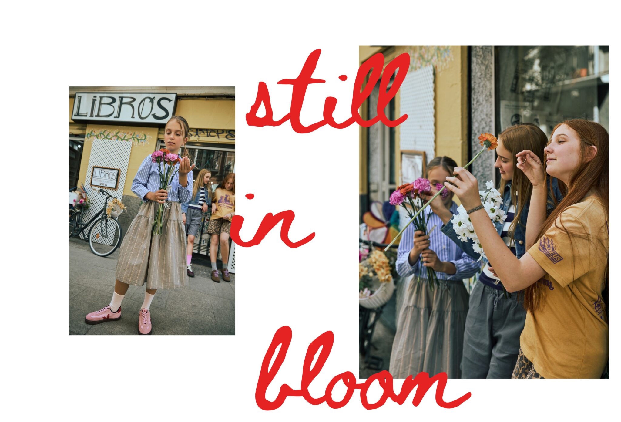 Teen fashion editorial City Belongs to Us photographed by Sandra Martinez and Mara Rodriguez, featuring girls outside a Madrid bookstore holding flowers with red handwritten typography for Scimparello Magazine.