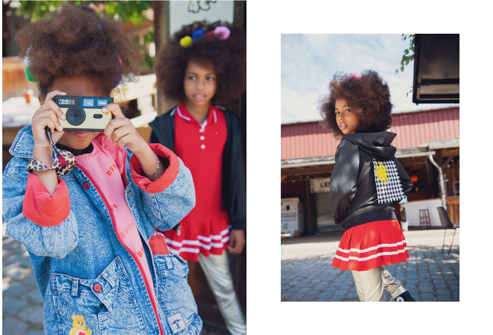 Kids fashion editorial RE.Twist photographed by Emmanuelle Lhote, featuring children in colourful upcycled denim and vintage looks with a toy camera and playful patch details for Scimparello Magazine.